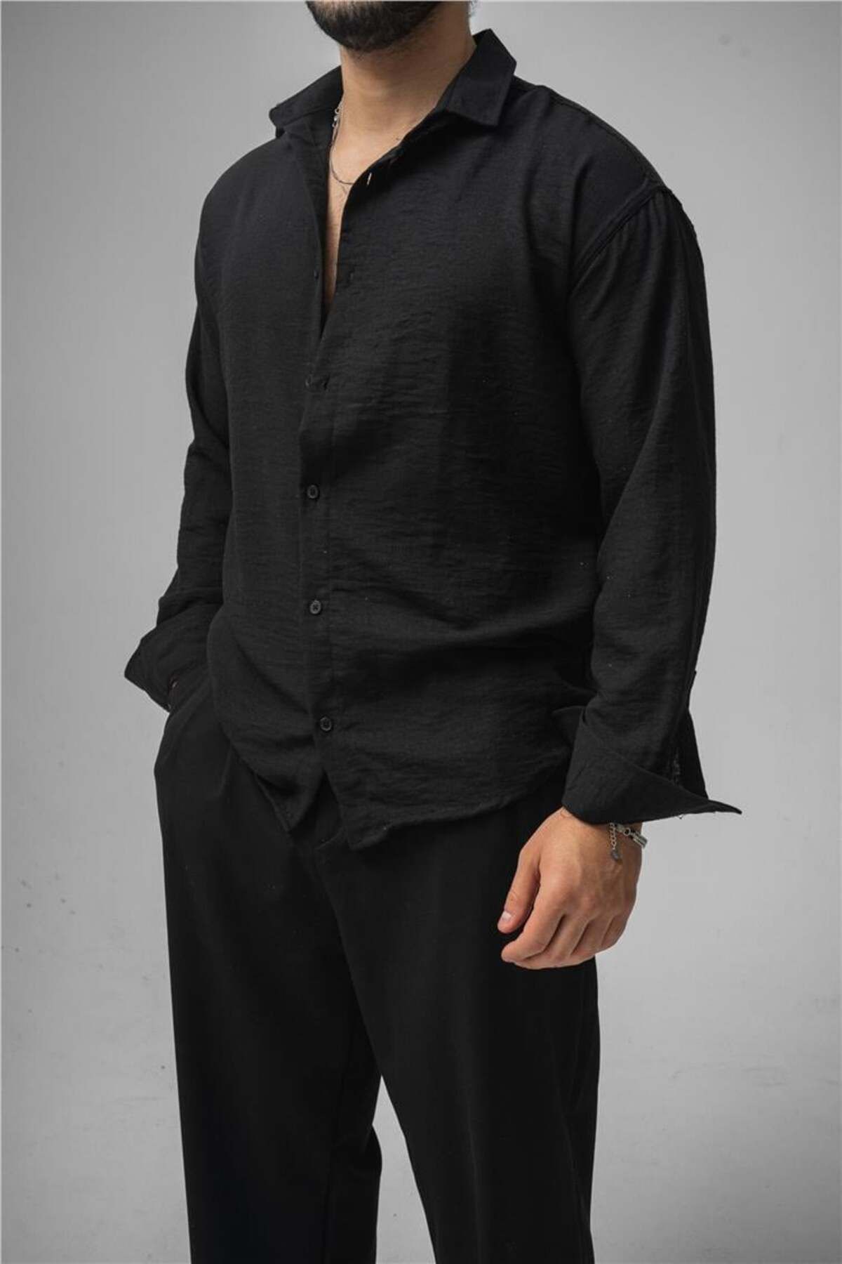 OUTFİT MAN Erkek Non Iron Oversize Gömlek Siyah