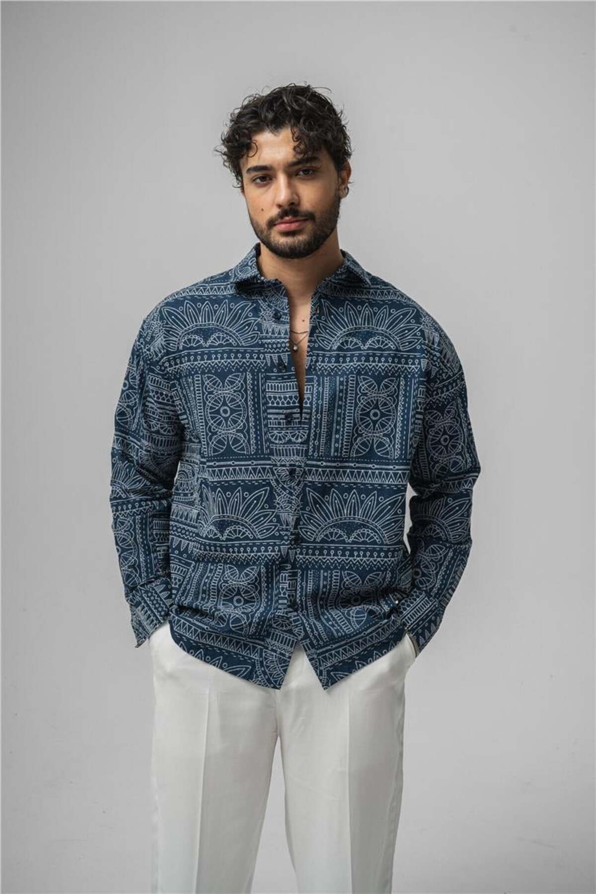 OUTFİT MAN Erkek Etnik Desen Keten Oversize Gömlek Lacivert