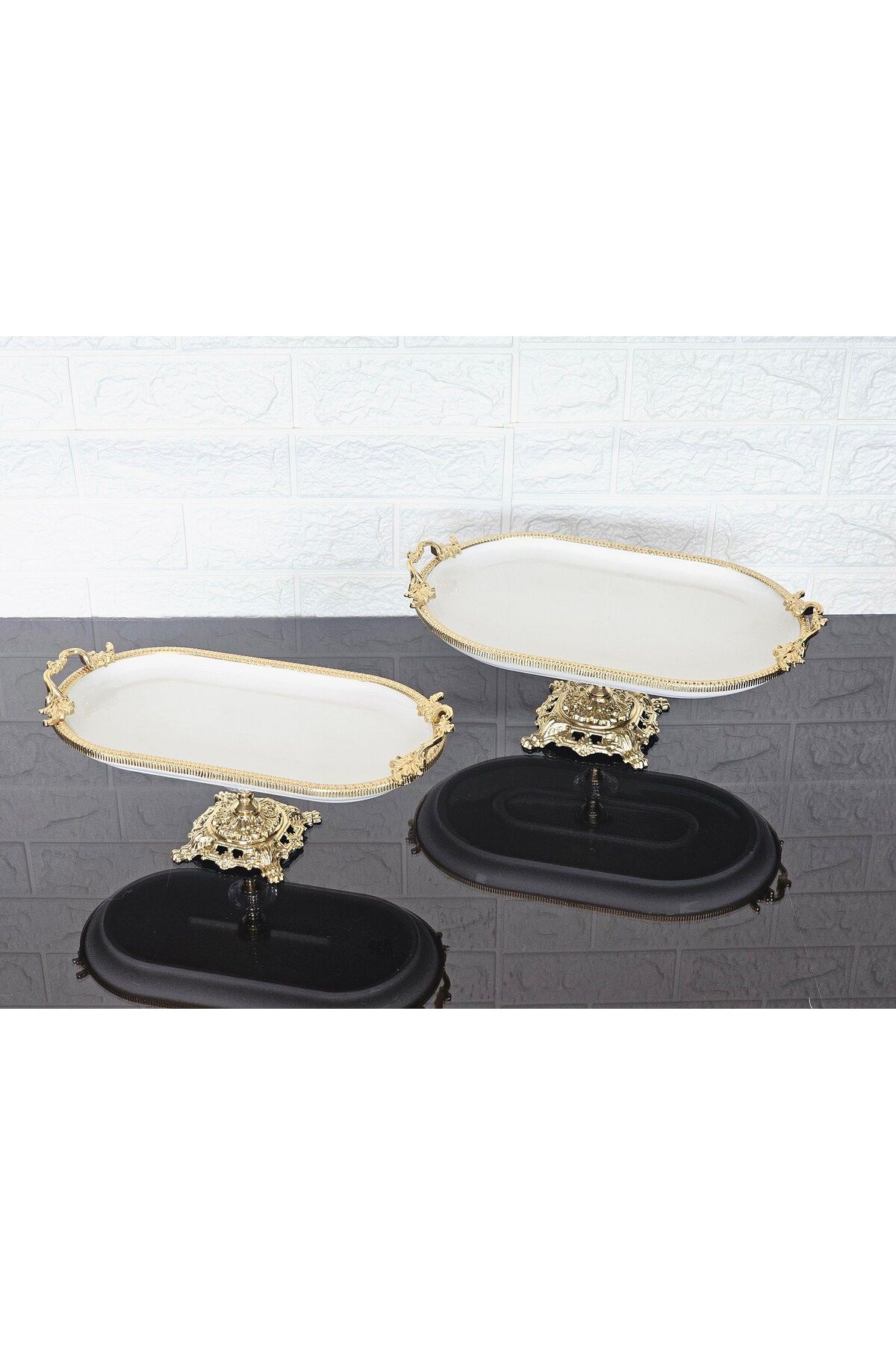 atabey home 2'Lİ PORSELEN KÜÇÜK VE BÜYÜK SADE KAYIK SUNUMLUK DÖKÜM GOLD ÇERÇEVELİ VE AYAKLI