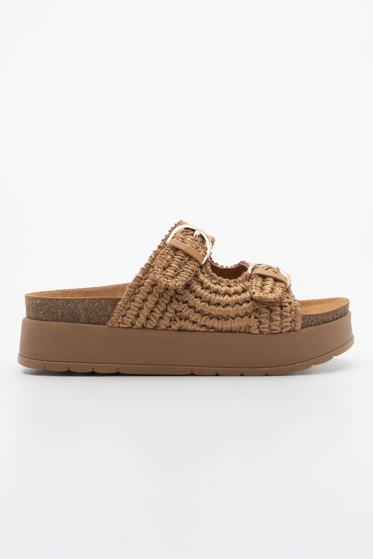 Marjin-Damen-Hausschuhe aus Stroh mit dicker Sohle und Schnalle, Felar Tan Wicker 3