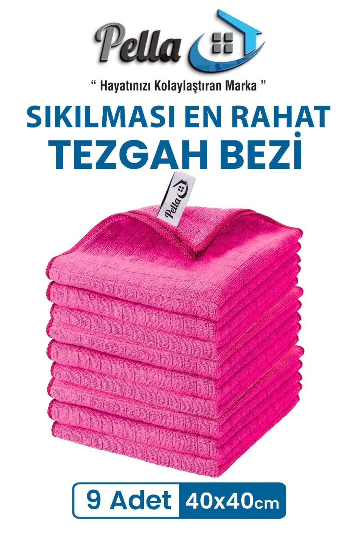 pella 9'lu Mikrofiber Araba, Cam, Mutfak Temizlik Bezi, Pembe (40 CM X 40 CM)