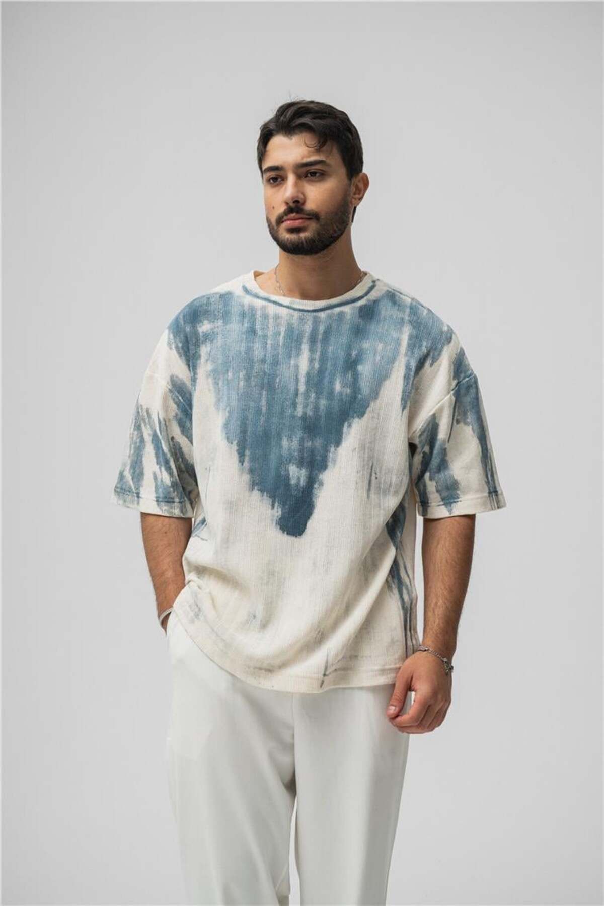 OUTFİT MAN Erkek Washing Knit Oversize T-Shirt Mavi