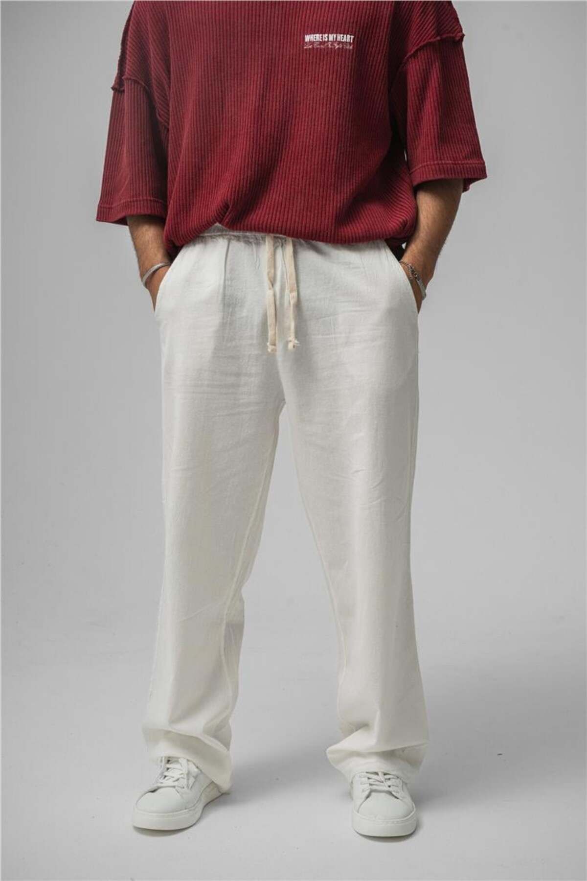 OUTFİT MAN Erkek Linen Bel Bağlamalı Baggy Beyaz