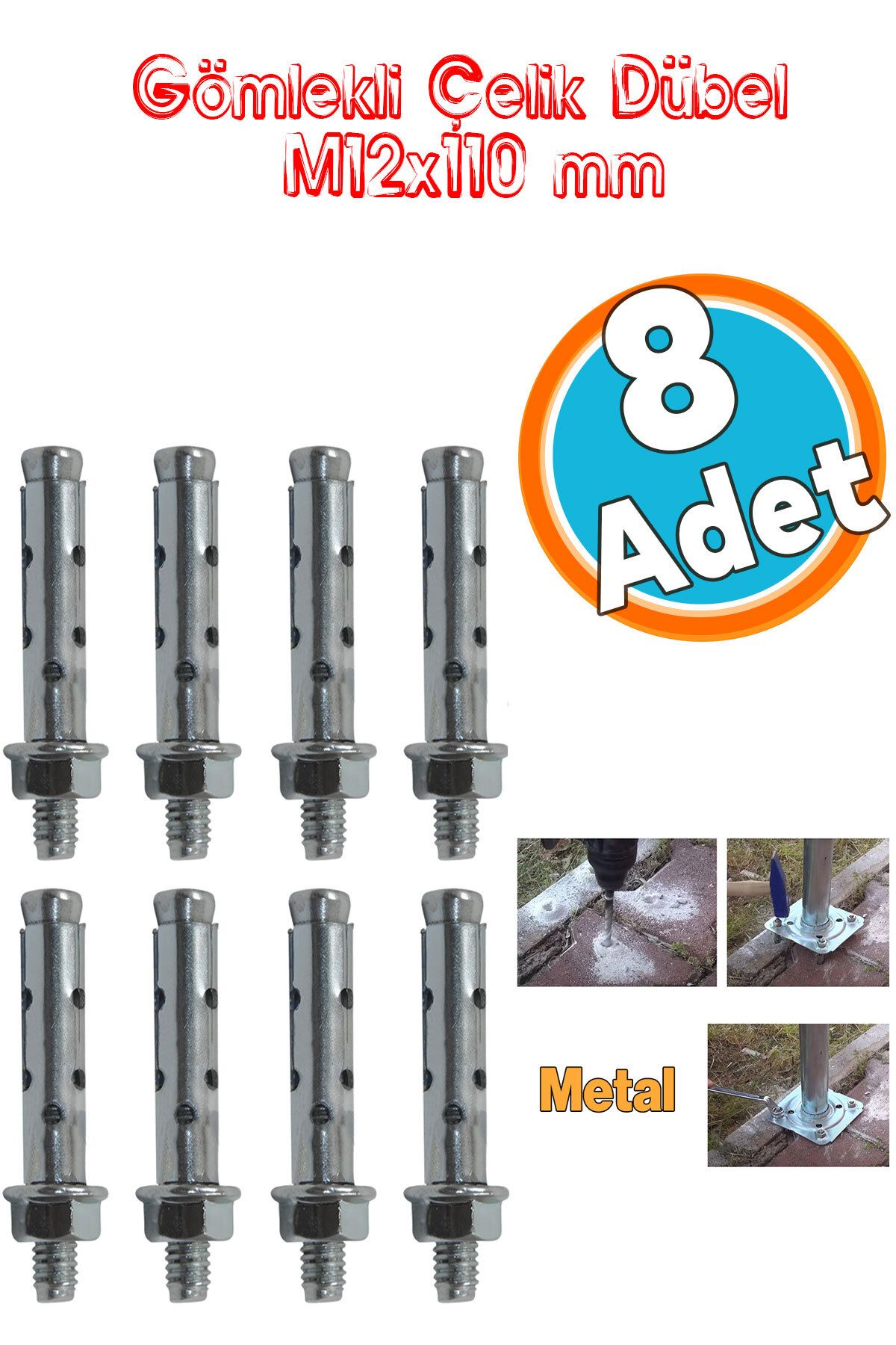 NZB Saplamalı Gömlek Çelik Dübel Raf Montaj Bağlantı Zemin Monte Tavan Beton Asma M12x110 mm 8 Adet