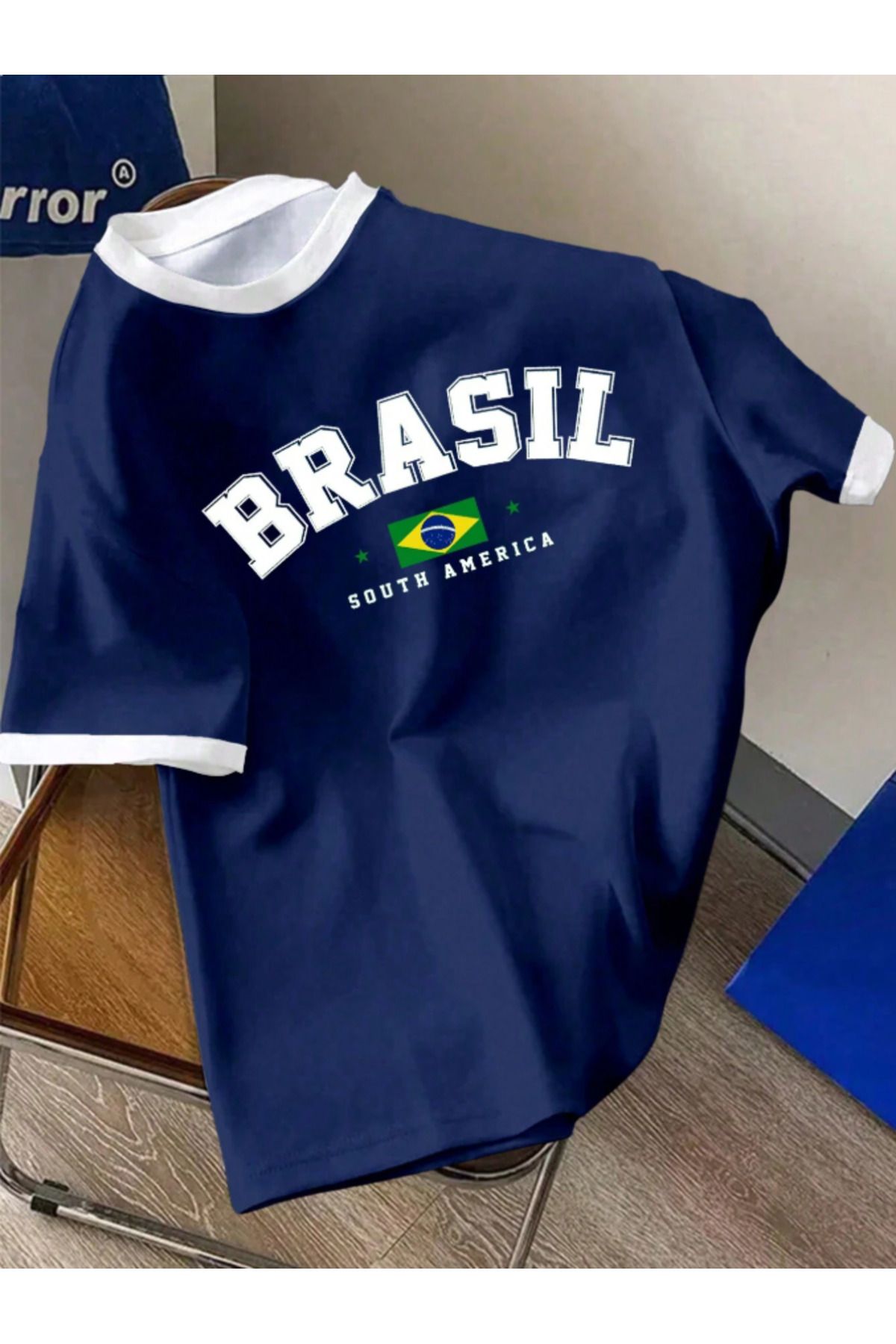 Revasser Unisex Erkek/Kadın Lacivert Beyaz Yaka JustDoIt Özel Baskılı Oversize Pamuklu T-Shirt Tişört