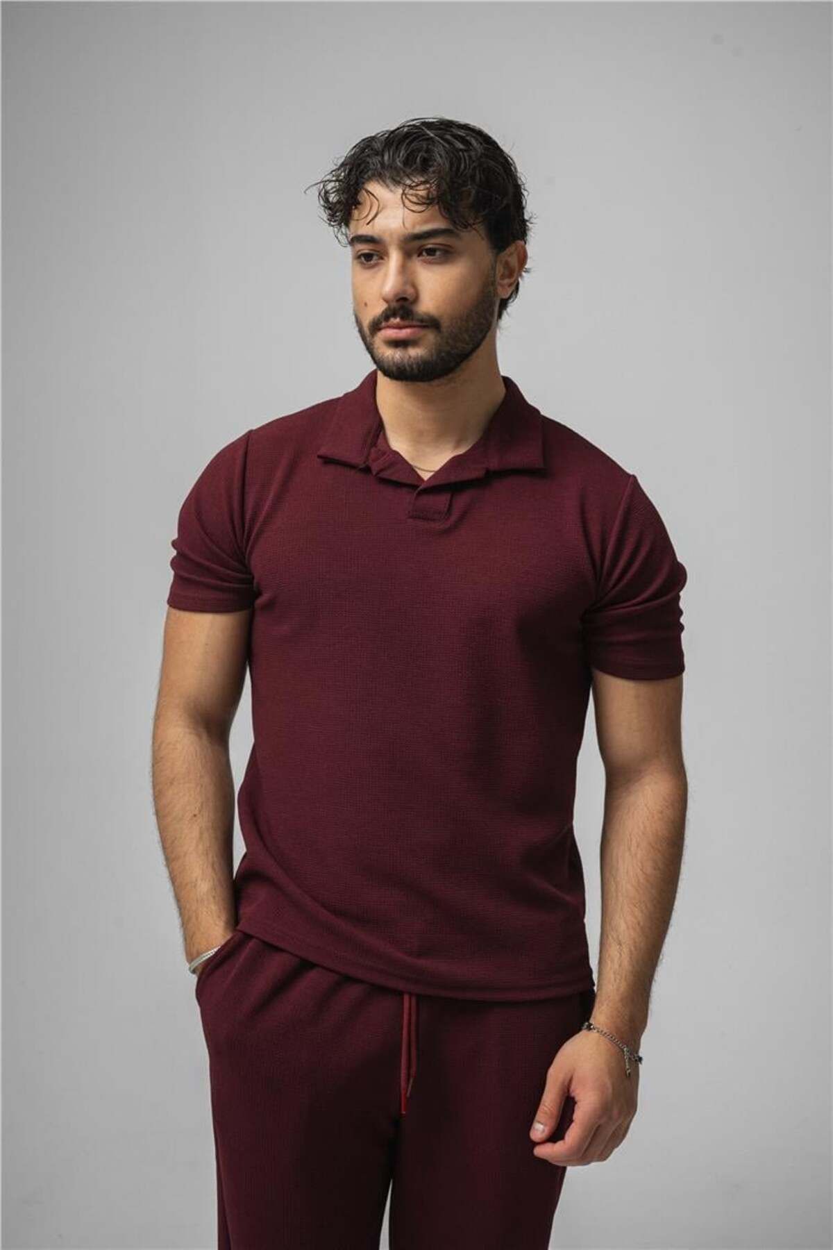 OUTFİT MAN Erkek Polo Yaka Gizli Kabartma T-Shirt Mürdüm