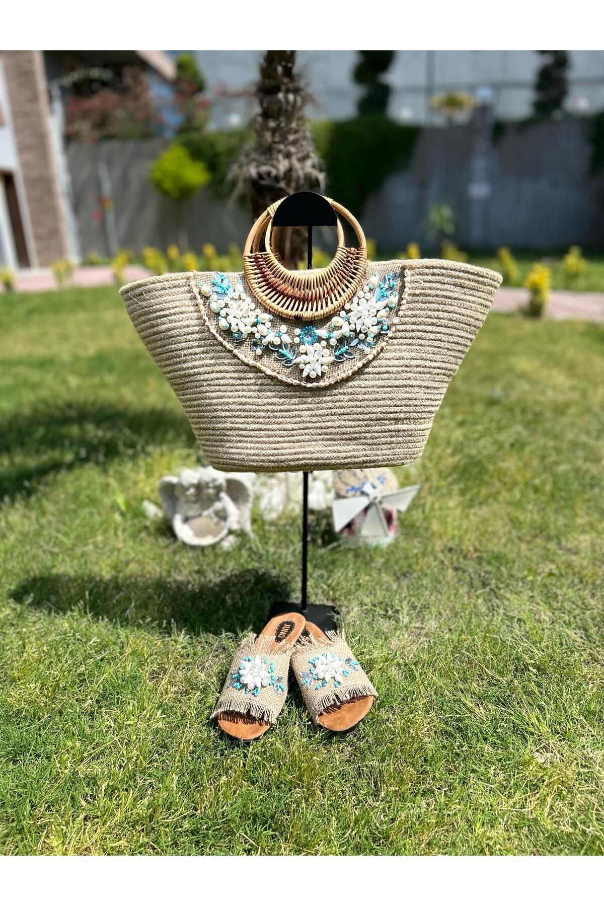 MD CRAFT ATÖLYE BAMBU SAPLI BONCUK İŞLEMELİ EL YAPIMI ASTARLI CEPLİ BÜZGÜLÜ KAPAMA PLAJ ÇANTASI+ PLAJ TERLİĞİ