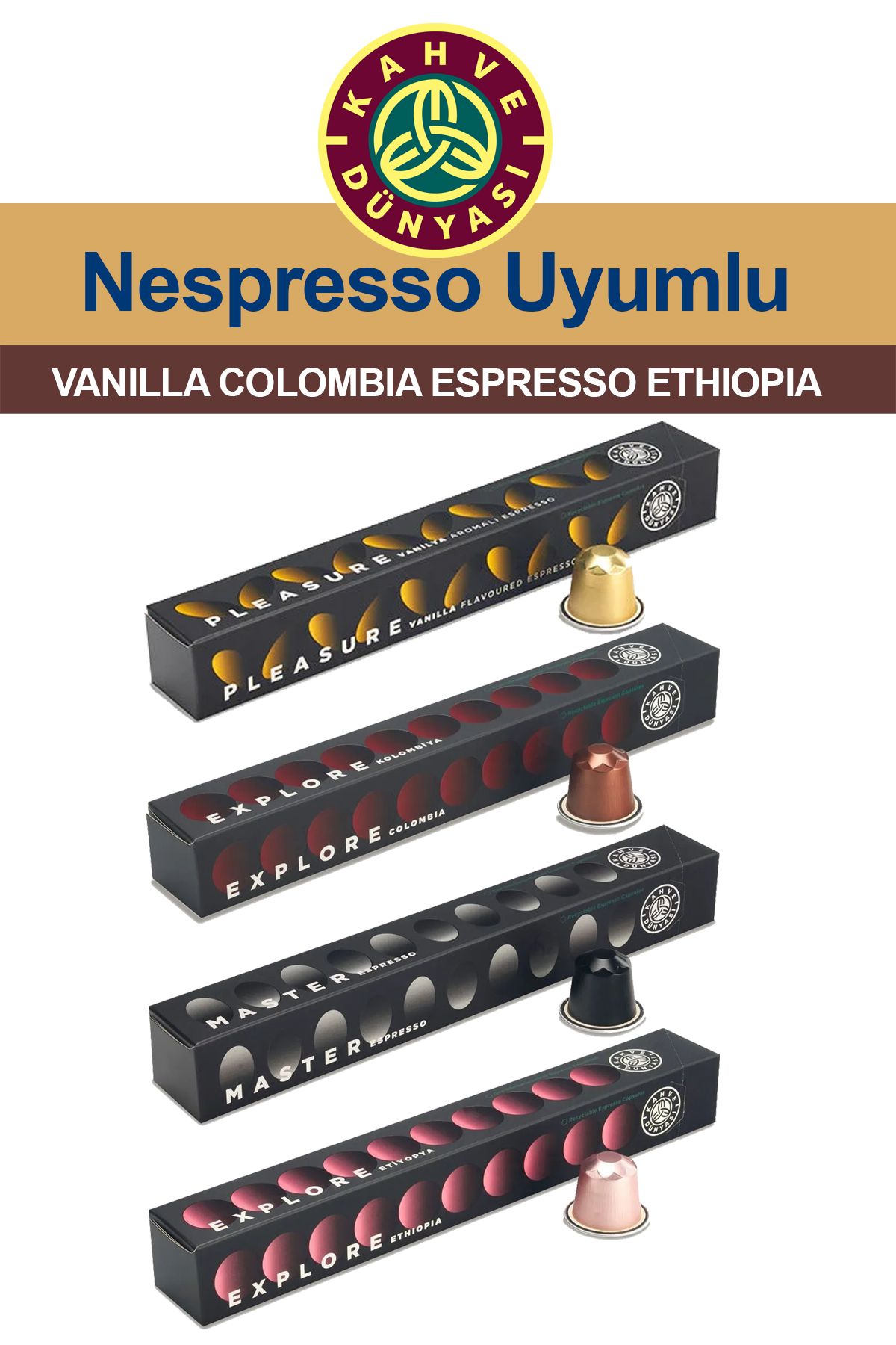 Kahve Dünyası Nespresso Vanilyalı Kapsül Kahve Tadım Seti Vanilya Colombia Espresso Ethiopia 4x10