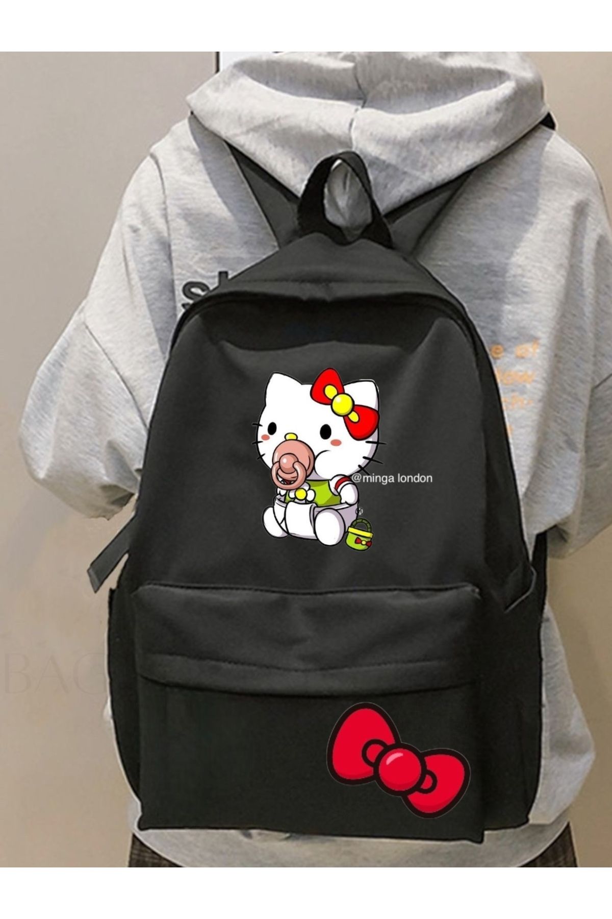 Minga London Siyah Hello Kitty with Pacifier Baskılı Okul, Dershane, Kurs Baskılı Sırt Çantası -Minga London