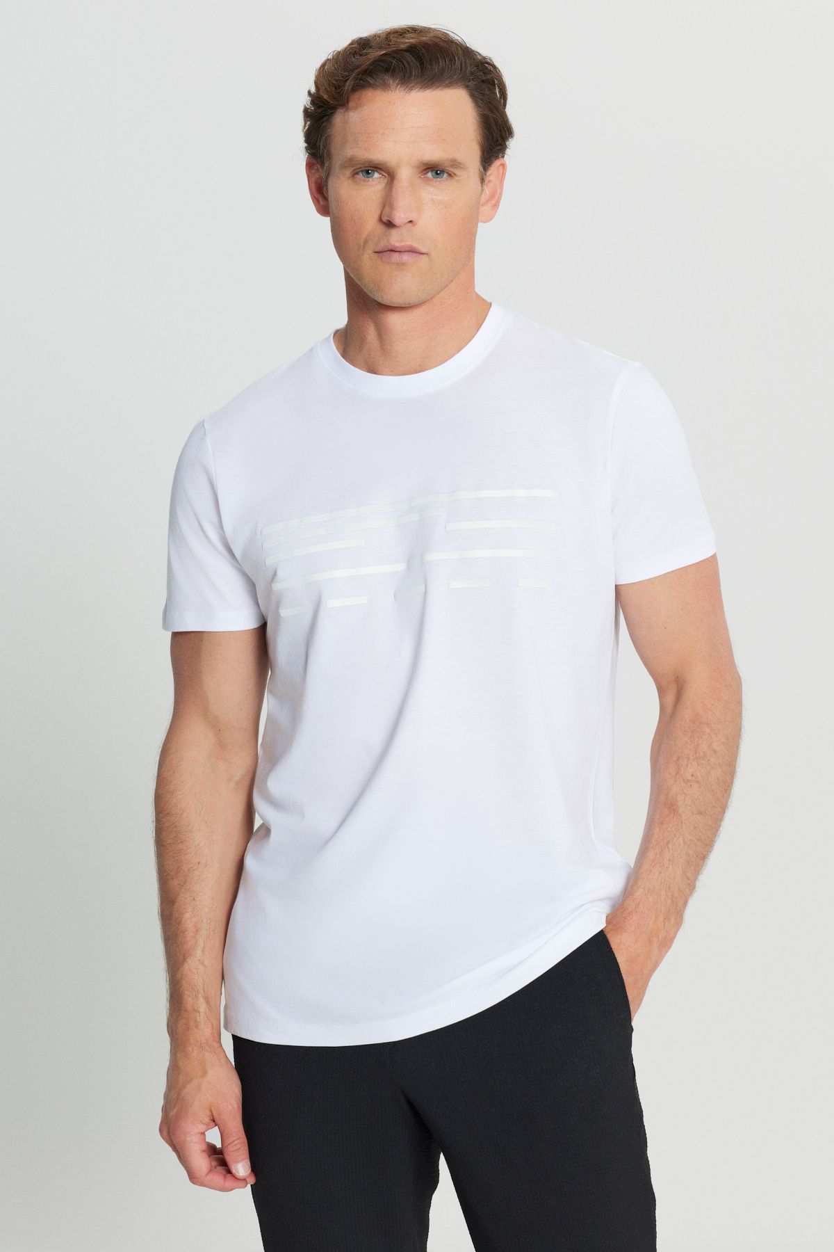 ALTINYILDIZ CLASSICS-Tricou elastic pentru bărbați, din bumbac alb, slim fit, cu decolteu rotund, imprimat 1