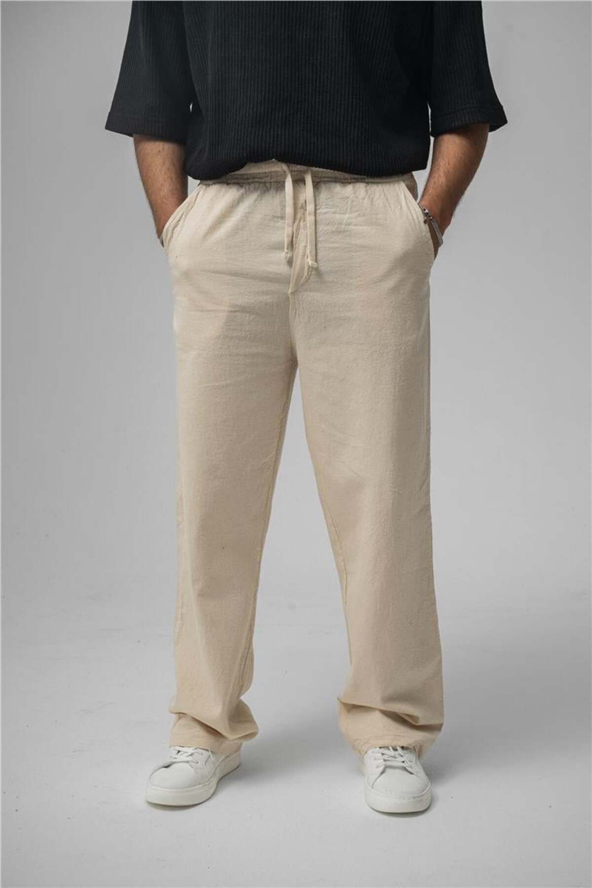 OUTFİT MAN Erkek Linen Bel Bağlamalı Baggy Krem