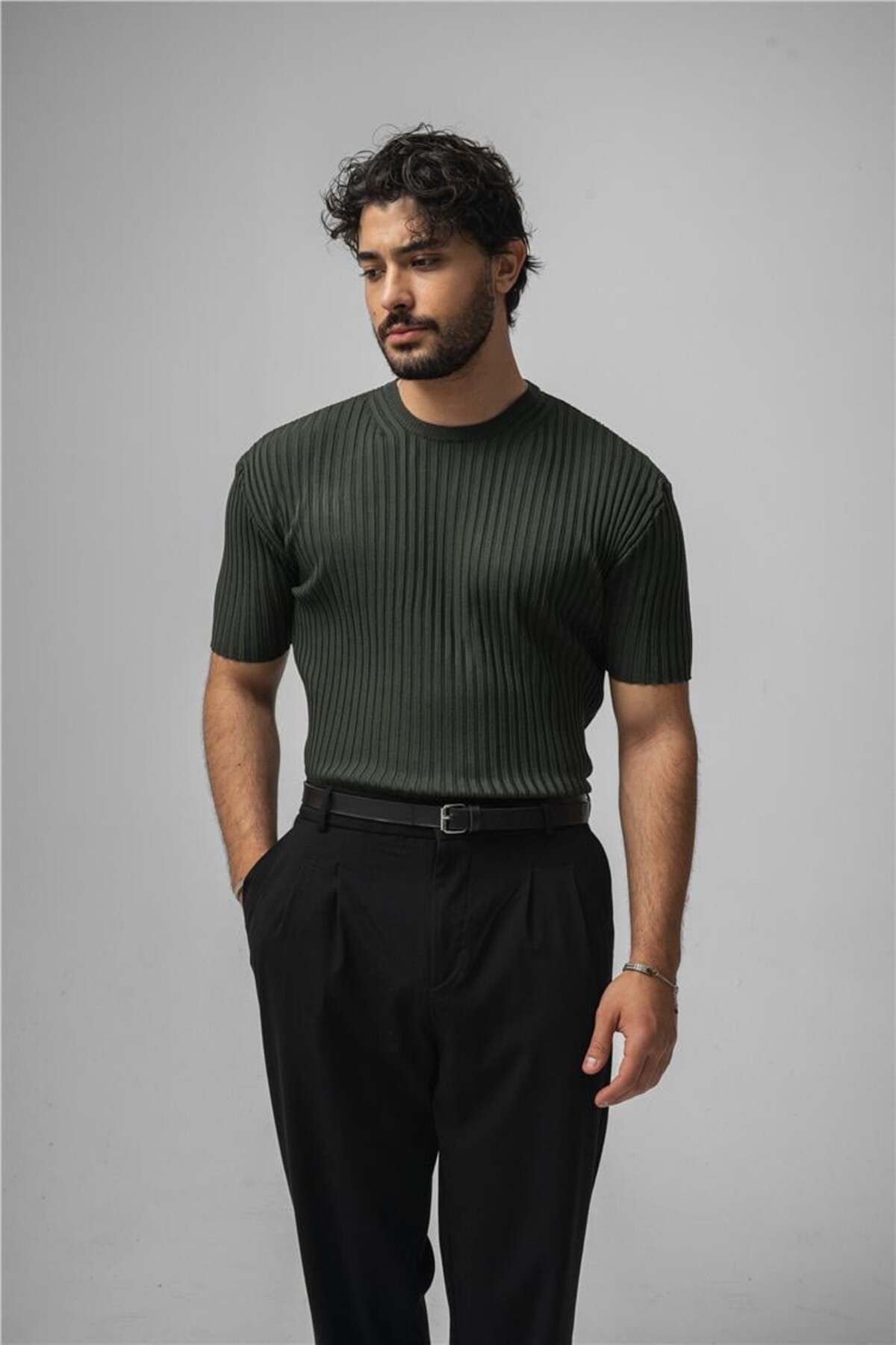 OUTFİT MAN Erkek Likralı Loose Fit Ribbed T-Shirt Koyu Yeşil