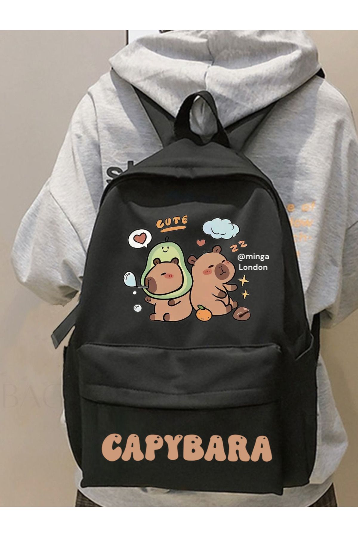 Minga London Siyah Capybara Avocado Costume Baskılı Okul, Dershane, Kurs Baskılı Sırt Çantası -Minga London