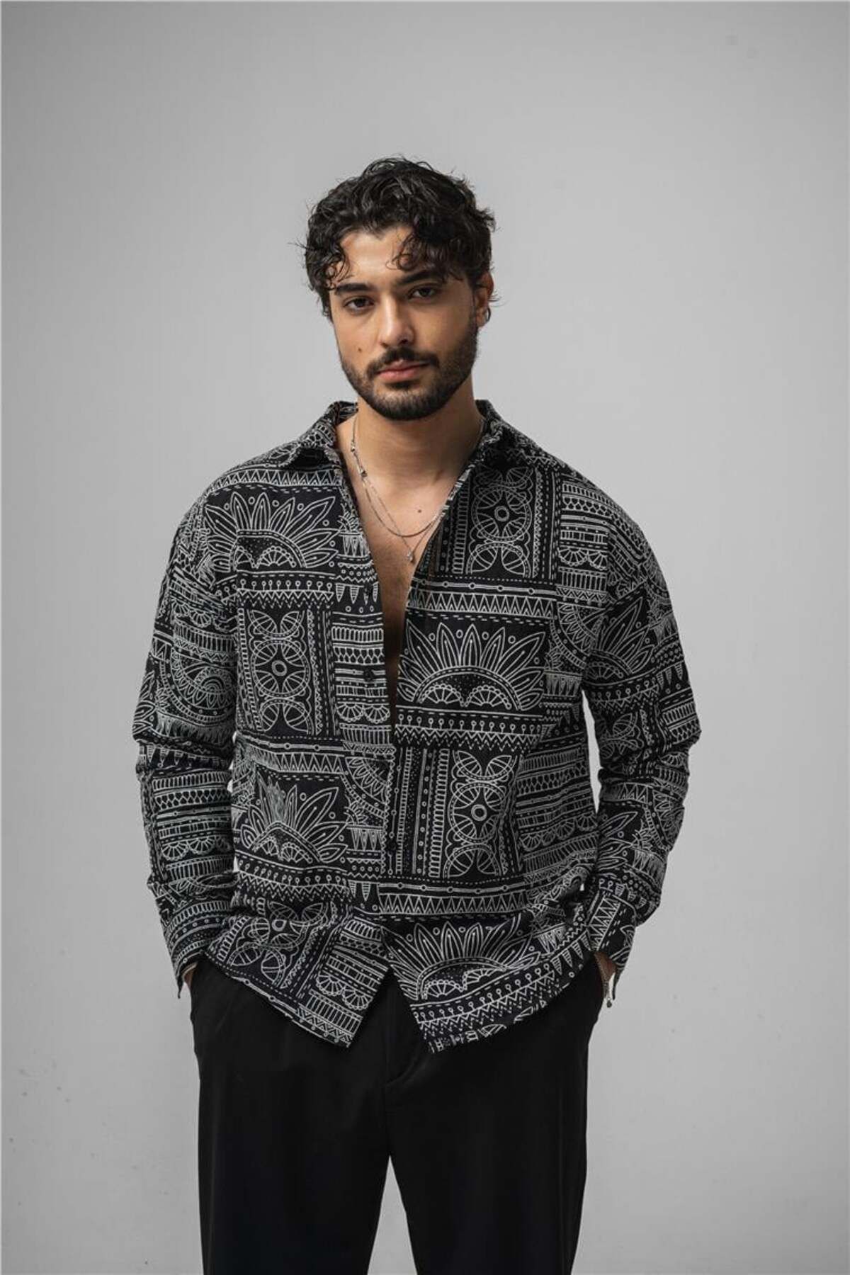 OUTFİT MAN Erkek Etnik Desen Keten Oversize Gömlek Siyah