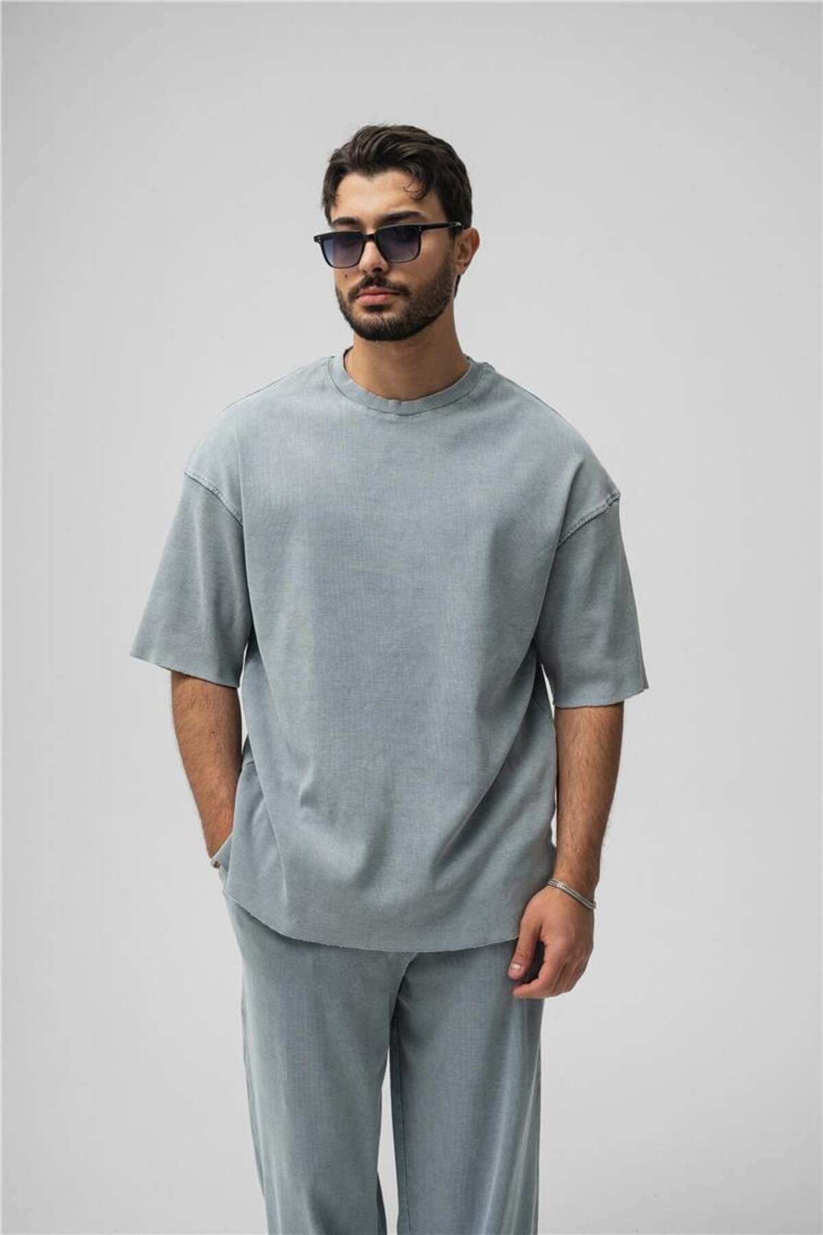 OUTFİT MAN Erkek Yıkamalı Fitilli Oversize T-Shirt Yıkamalı Gri