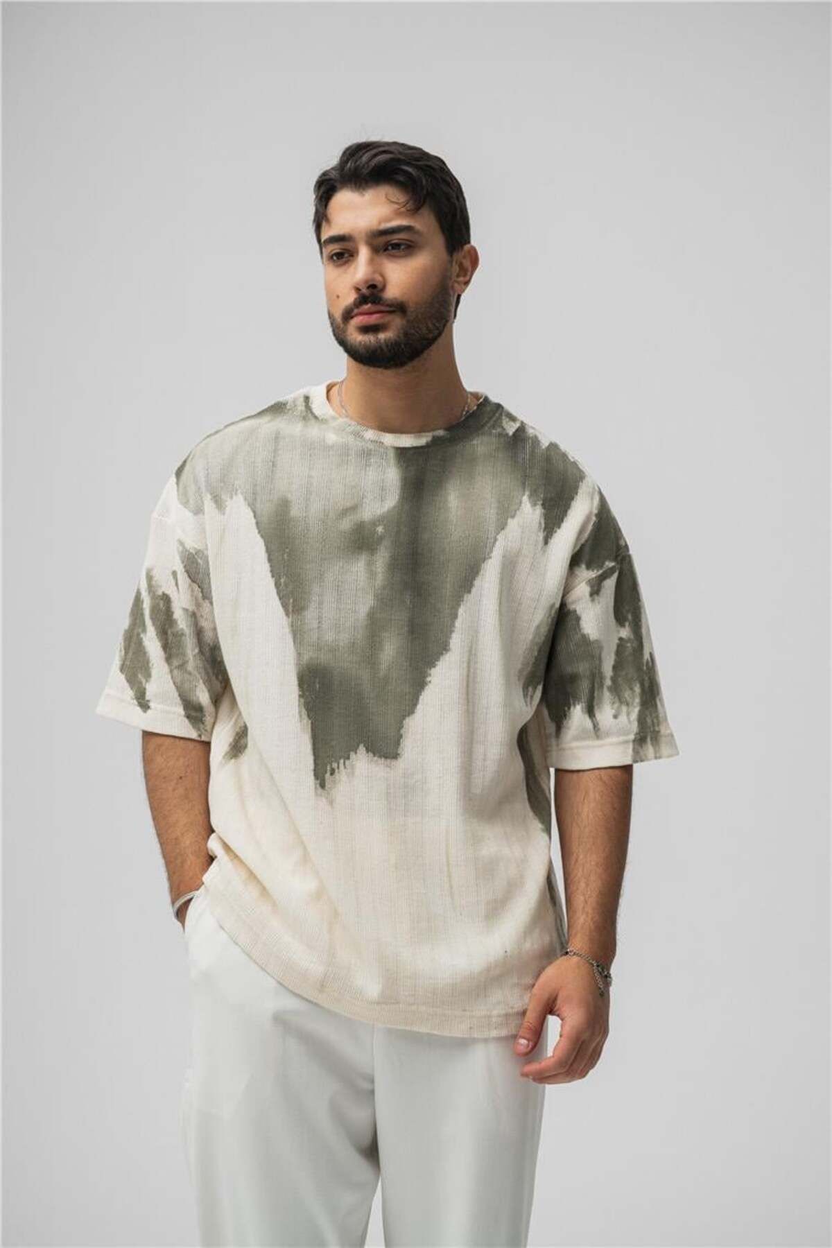 OUTFİT MAN Erkek Washing Knit Oversize T-Shirt Haki