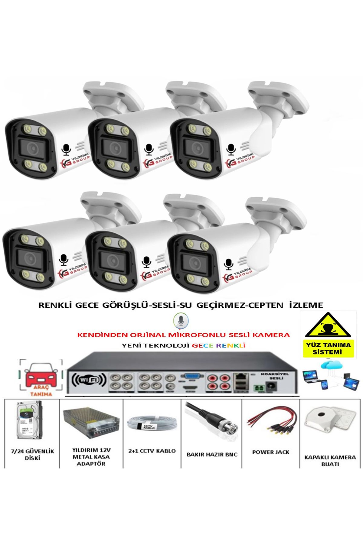 YILDIRIMGROUP 6 LI SESLİ GÜVENLİK KAMERASI 5 MP GECE RENKLİ YÜZ VE ARAÇ TANIMALI FULL HD KAMERA SİSTEMİ