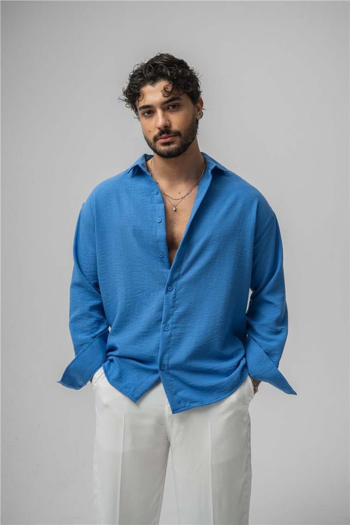 OUTFİT MAN Erkek Non Iron Oversize Gömlek Mavi