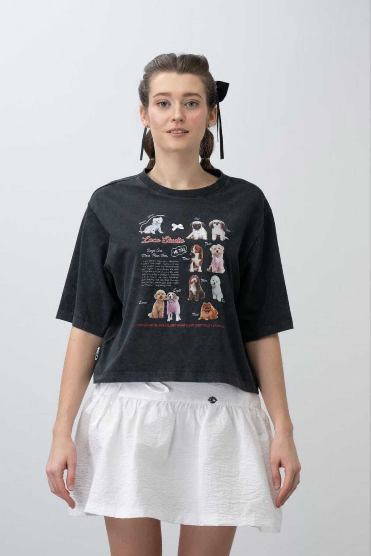 LOCO LOCO Kız Çocuk 9-15 Yaş Baskılı Pamuklu Crop Tshirt