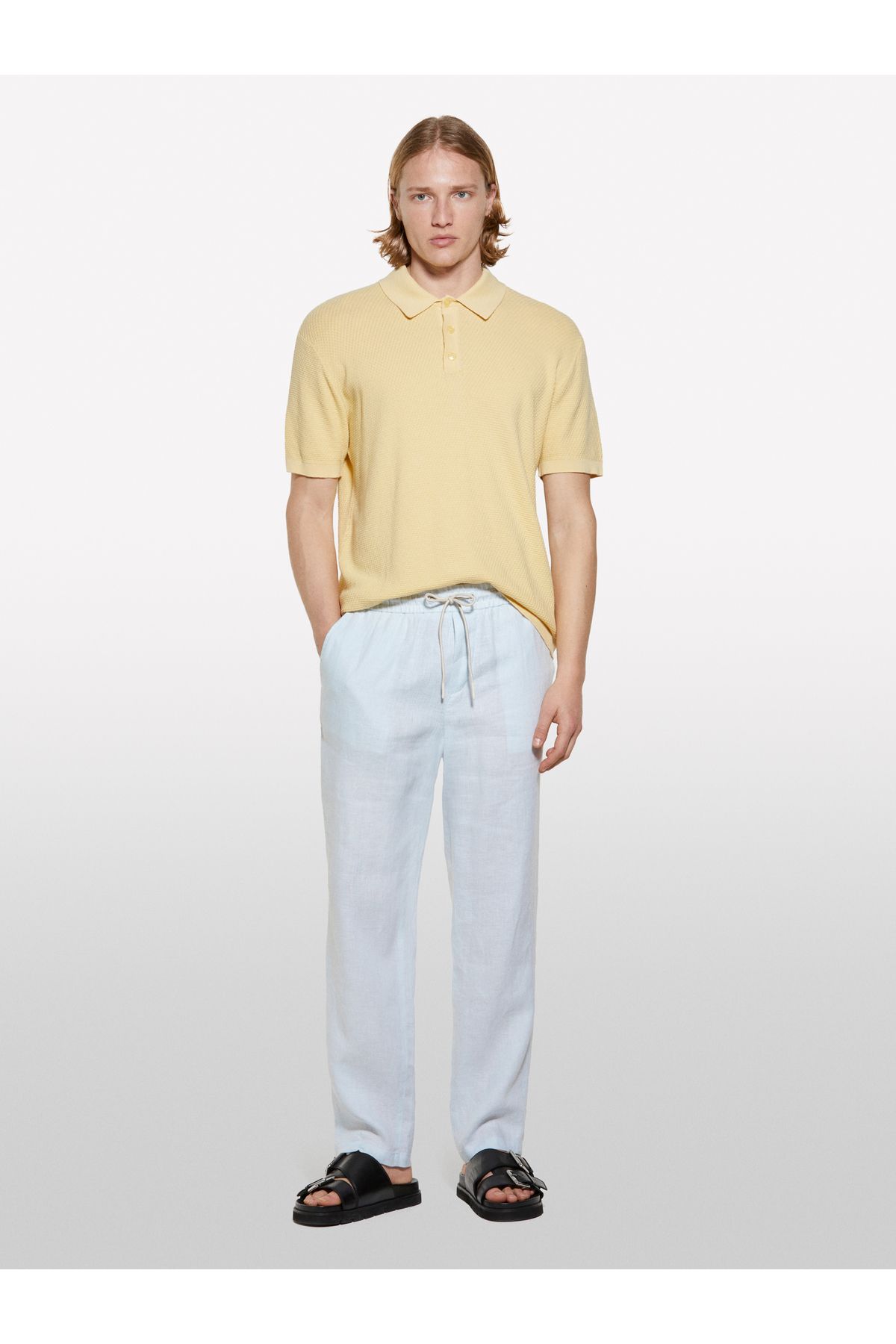 Sisley Erkek Buz Mavisi %100 Keten Beli Büzgülü İpli Slim Fit Pantolon
