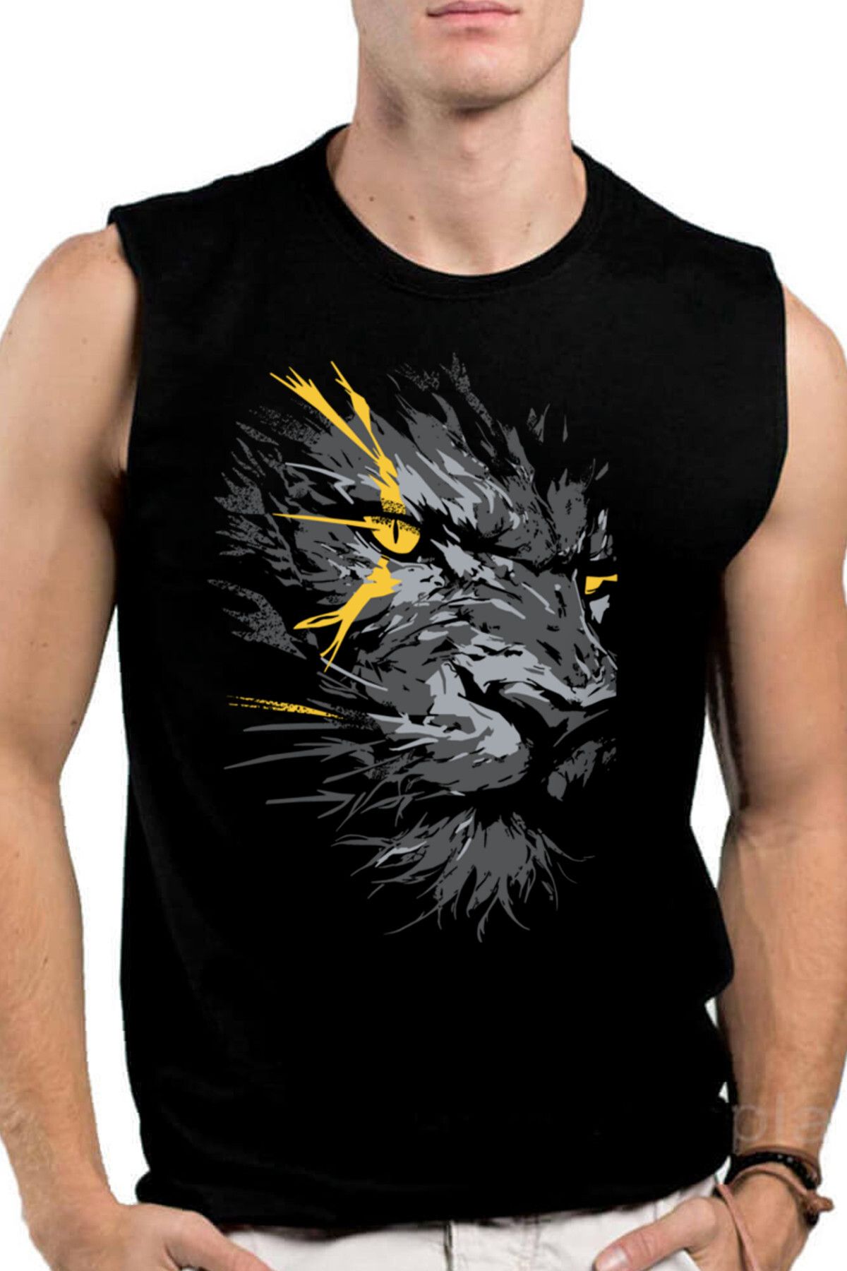ROCKANDROLL Sarı Gözlü Arslan Siyah Kesik Kol | Kolsuz Erkek Tshirt | Atlet