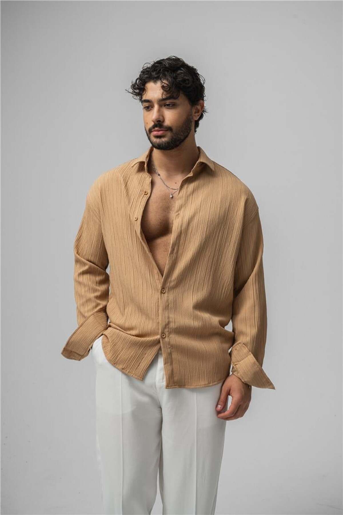 OUTFİT MAN Erkek Embossed Oversize Gömlek Vizon
