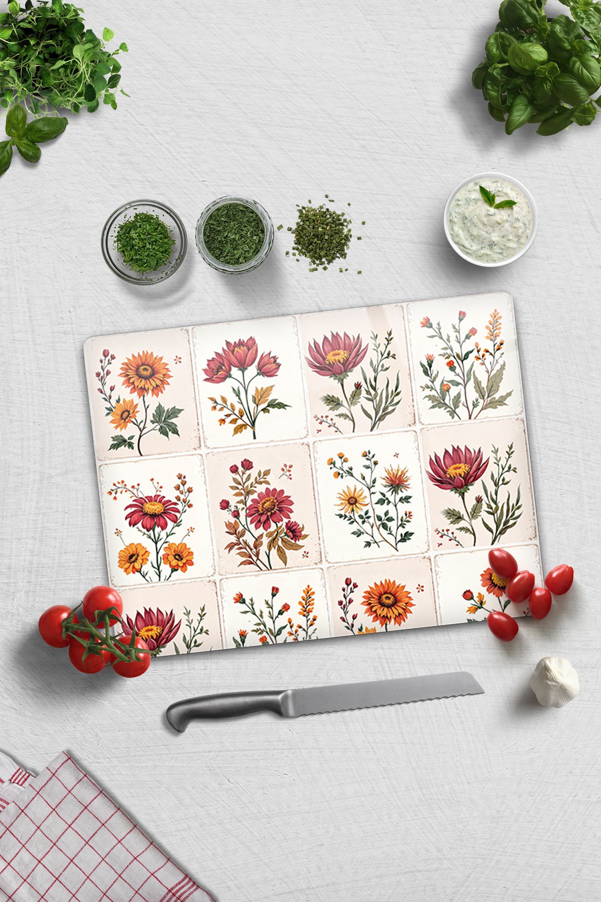 Decorita Cam Kesme Tahtası - Cam Kesme Tablası | Çiçekli Karo Desen | 30cm x 40cm