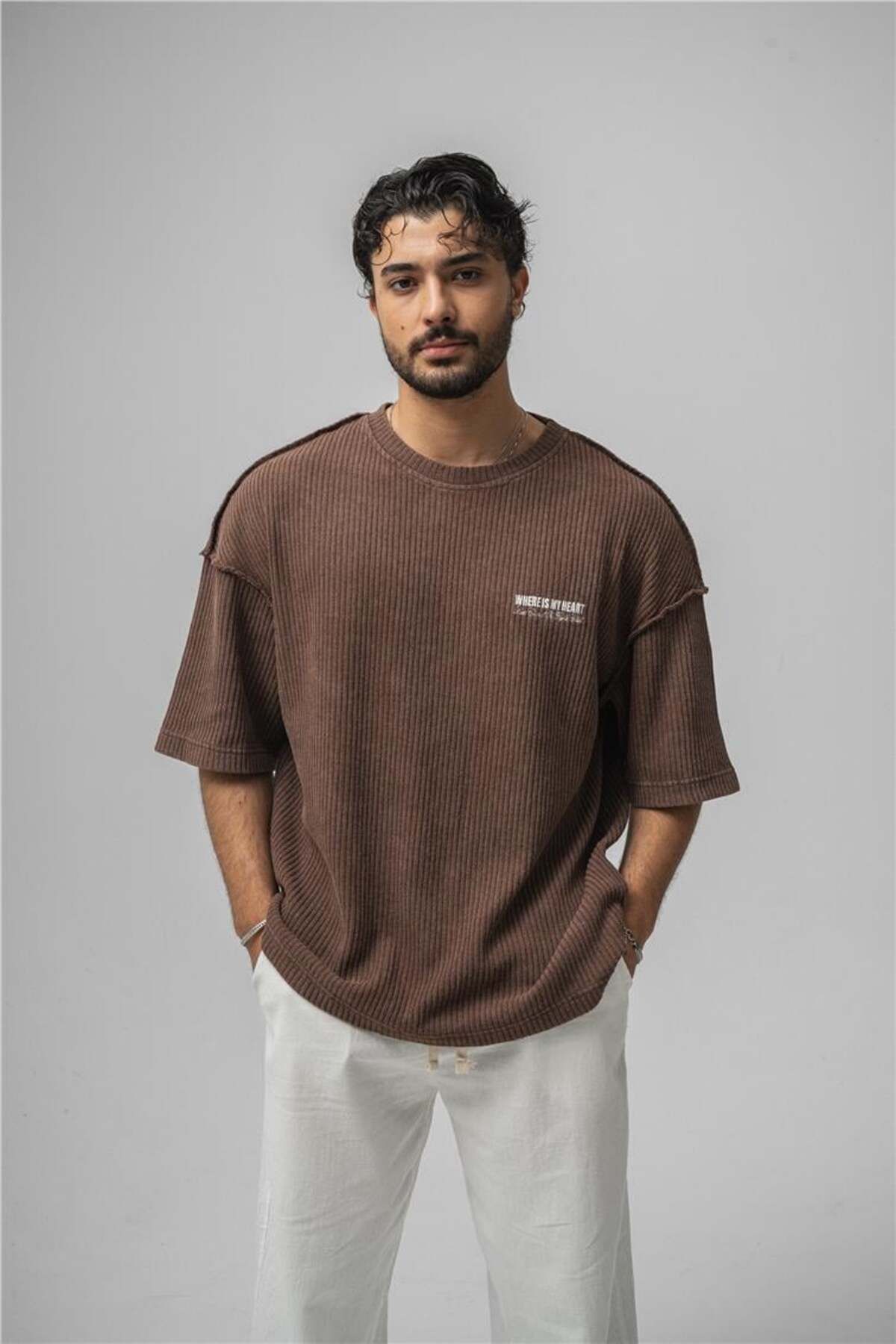 OUTFİT MAN Erkek WHERE IS MY HEART Oversize T-Shirt Kahve