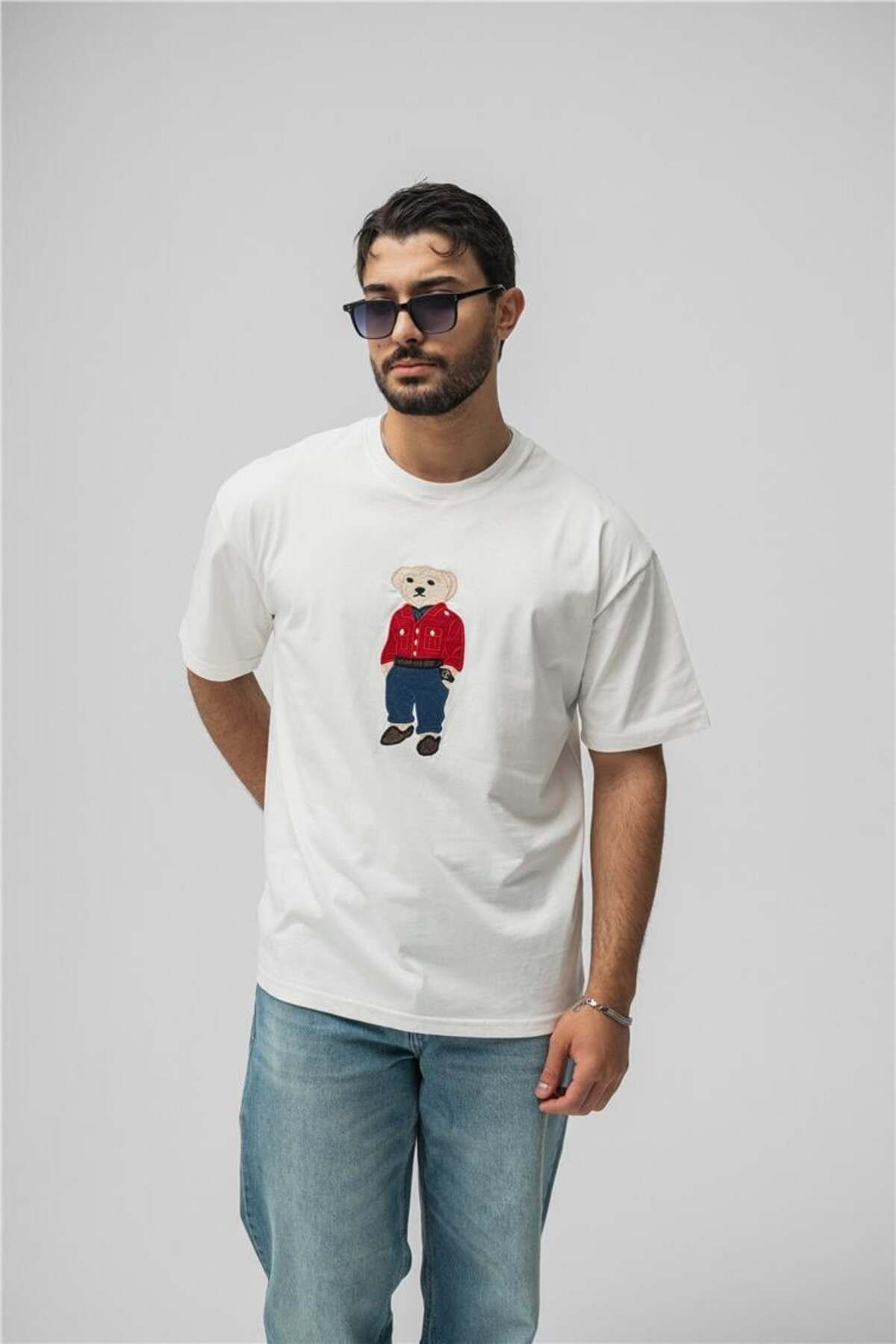 OUTFİT MAN Erkek Ayı Baskılı Oversize T-Shirt Beyaz