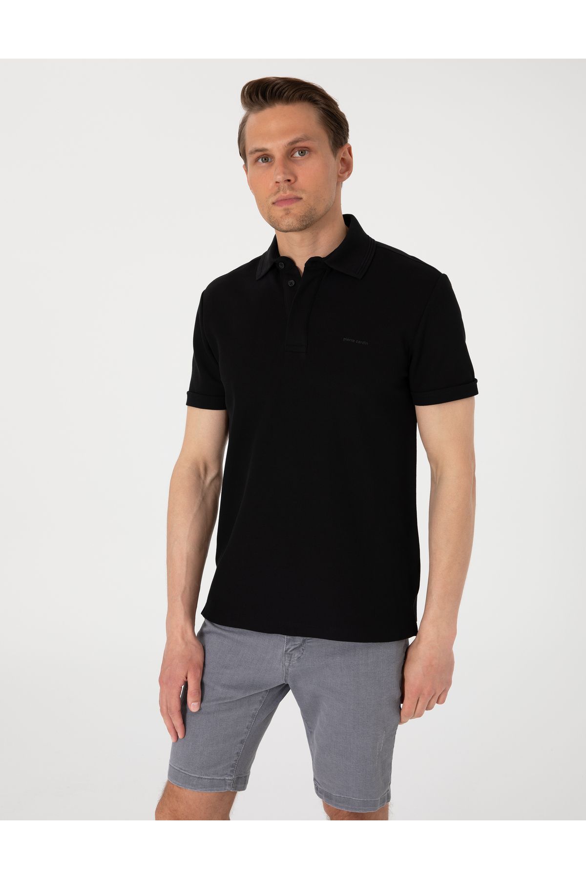 Pierre Cardin Siyah Slim Fit %100 Pamuk Kıvrılmaz Amerikan Pike Polo Yaka Basic Tişört 50306154-VR046