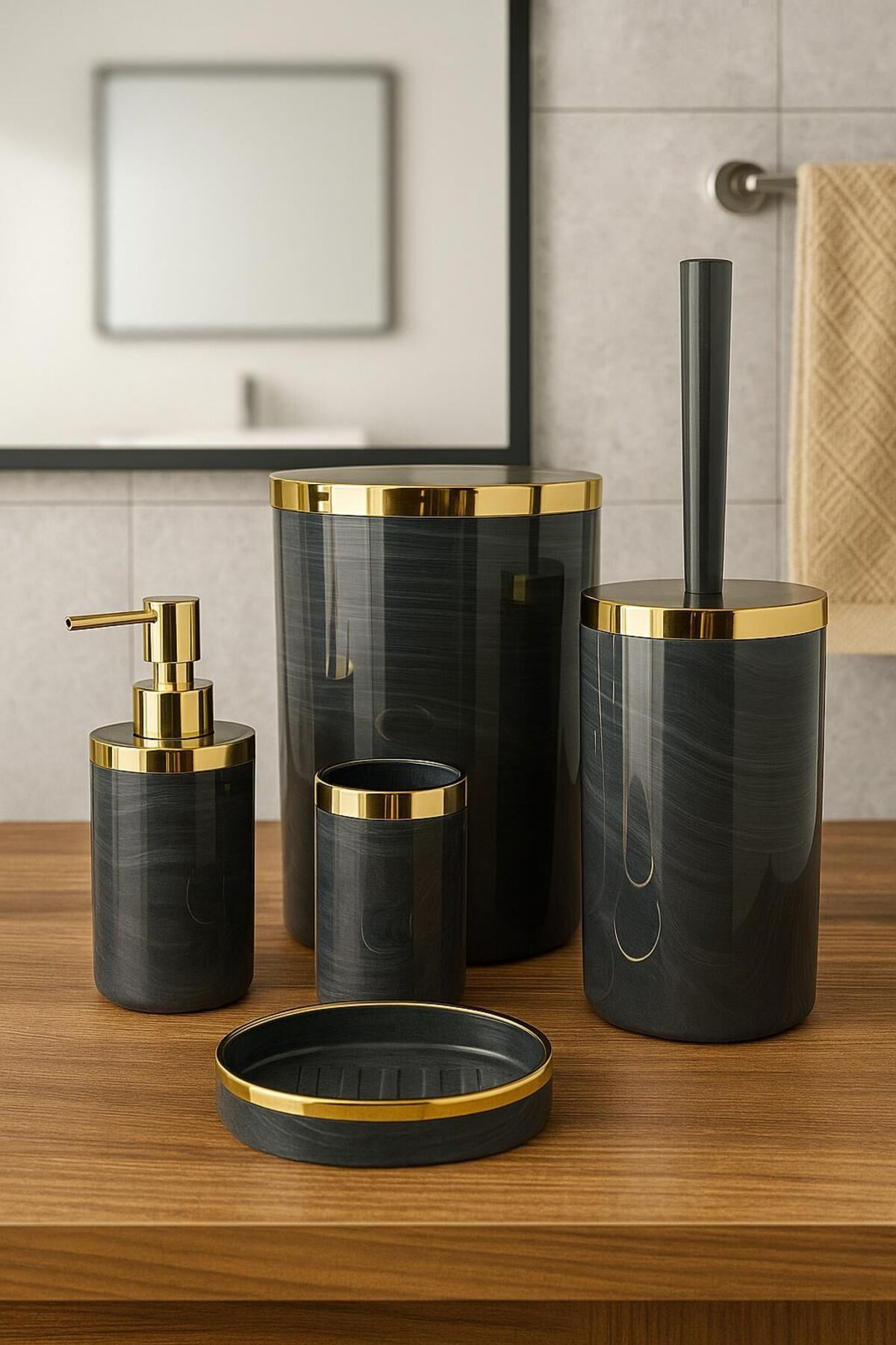 serenadekor Gold Detaylı Lüks Plastik 5 Parça Tuvalet Banyo Seti