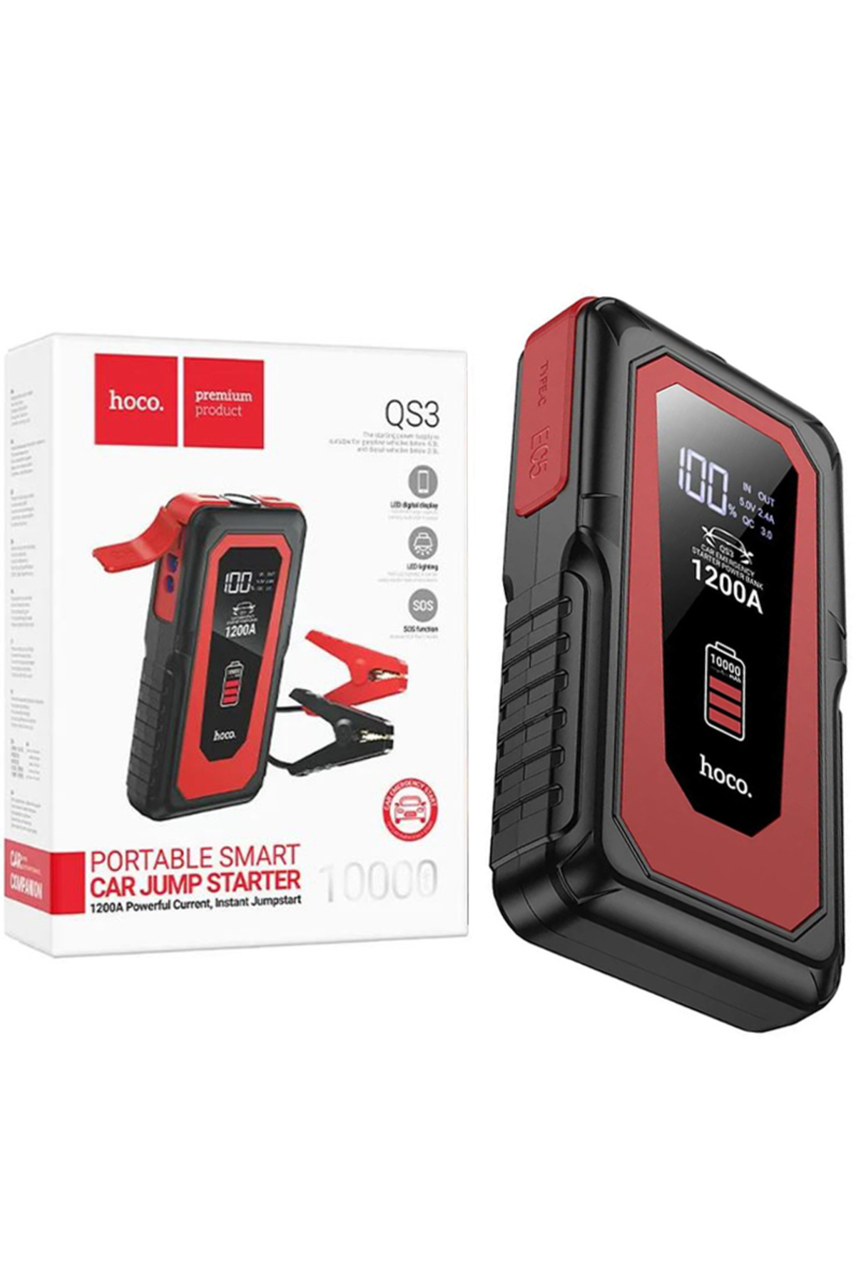 REDz Accessories Baterie Hoco Qs3, Cabluri Pentru Pornire Auto, Baterie Externă 10.000 Mah, Usb Dual + Tip-c, Negru-roșu - One Size