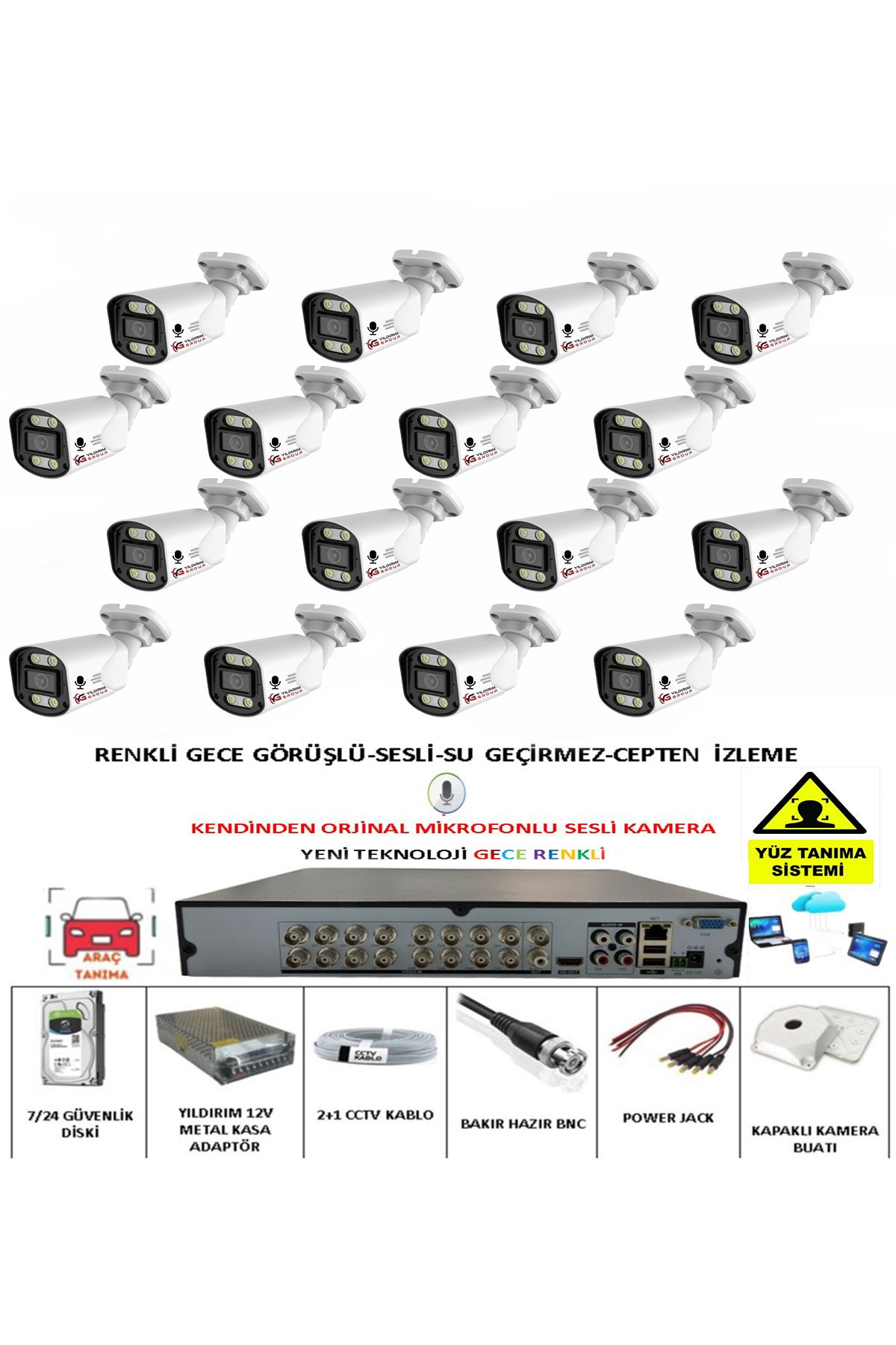 YILDIRIMGROUP 16 LI SESLİ GÜVENLİK KAMERASI 5 MP GECE RENKLİ YÜZ VE ARAÇ TANIMALI FULL HD KAMERA SİSTEMİ