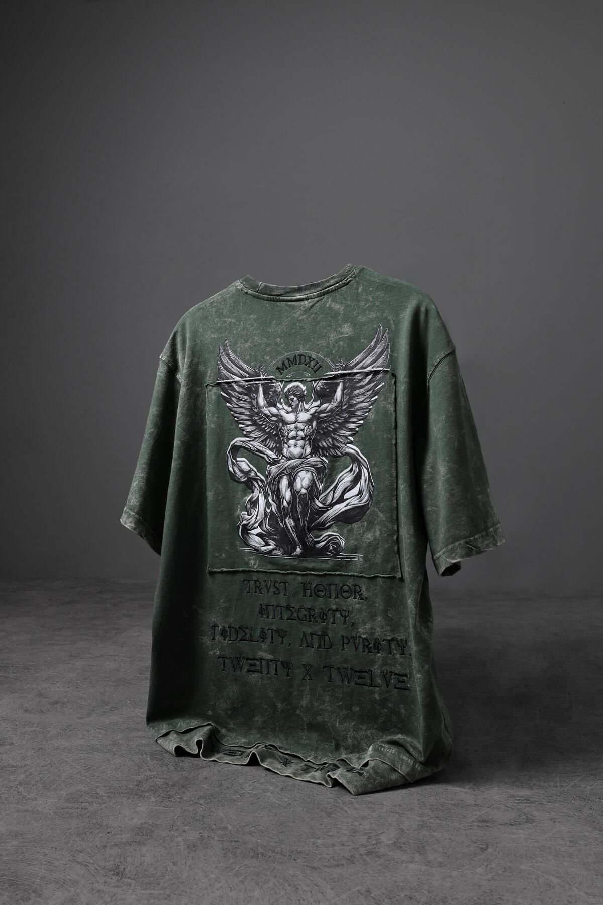Slatra Erkek Haki Antik Desen Patchli Nakışlı Yıkamalı Oversize Tshirt