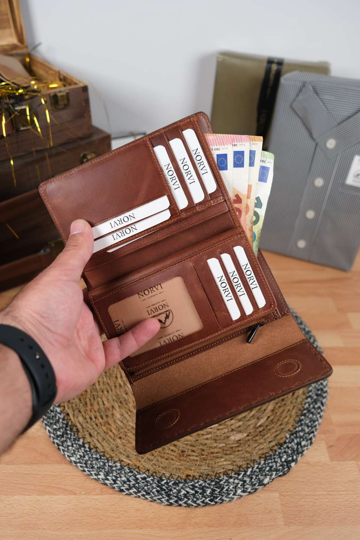 Norvi Leather Saraciye Dikişli Çok Bölmeli Hakiki Deri Cüzdan Kadın Taba