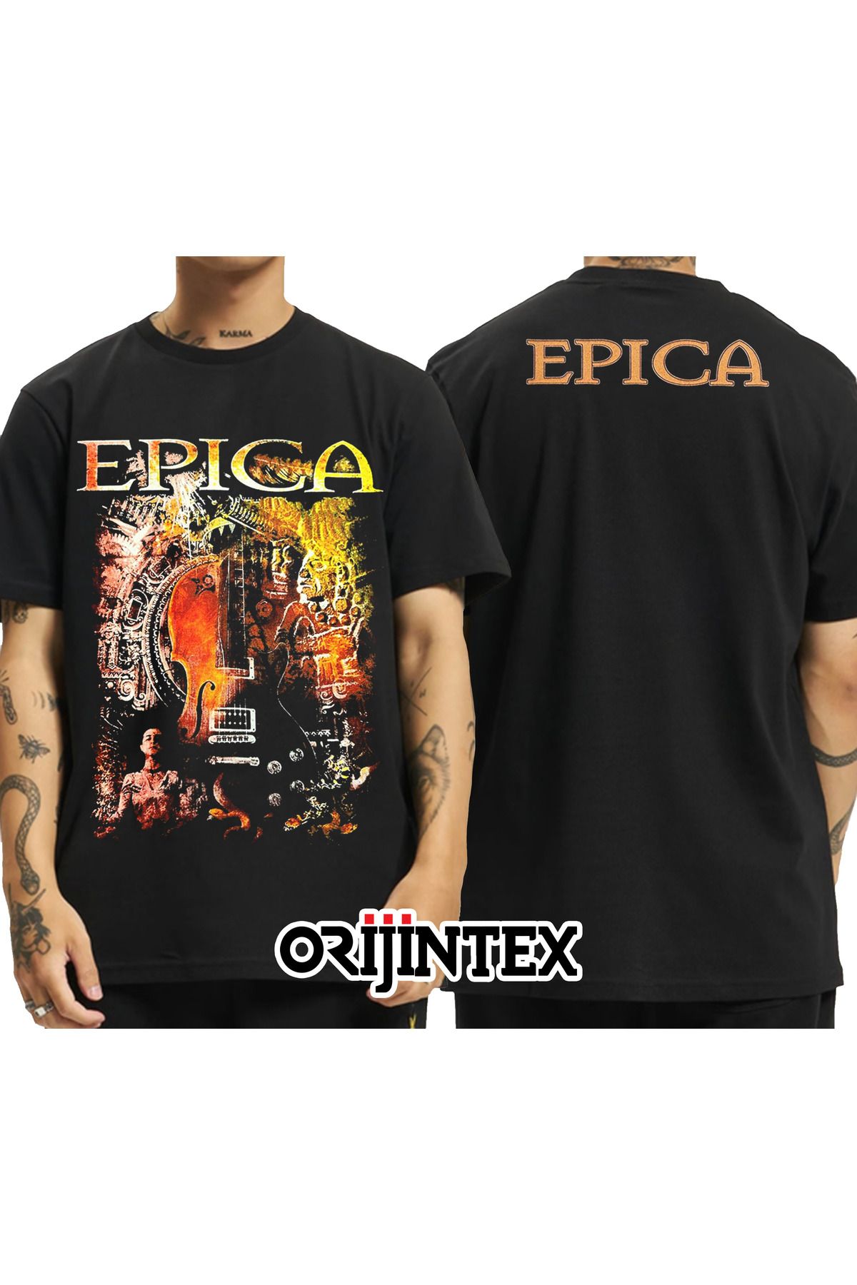 orijintex Epica Band Ön Arka Baskılı Unisex Siyah Tshirt