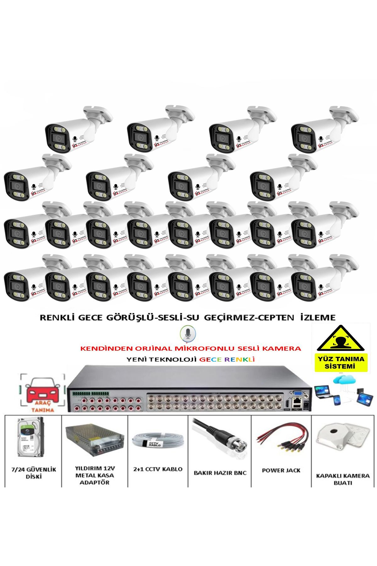 YILDIRIMGROUP 24 LÜ SESLİ GÜVENLİK KAMERASI 5 MP GECE RENKLİ YÜZ VE ARAÇ TANIMALI FULL HD KAMERA SİSTEMİ