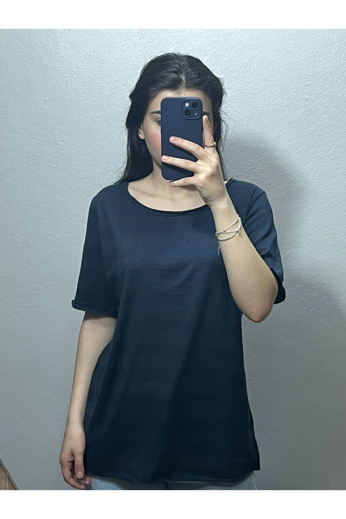 İZCİMOD Kadın Kısa Kol Yuvarlak Yaka Pis Dikiş Antrasit-Lacivert Çizgili T-Shirt