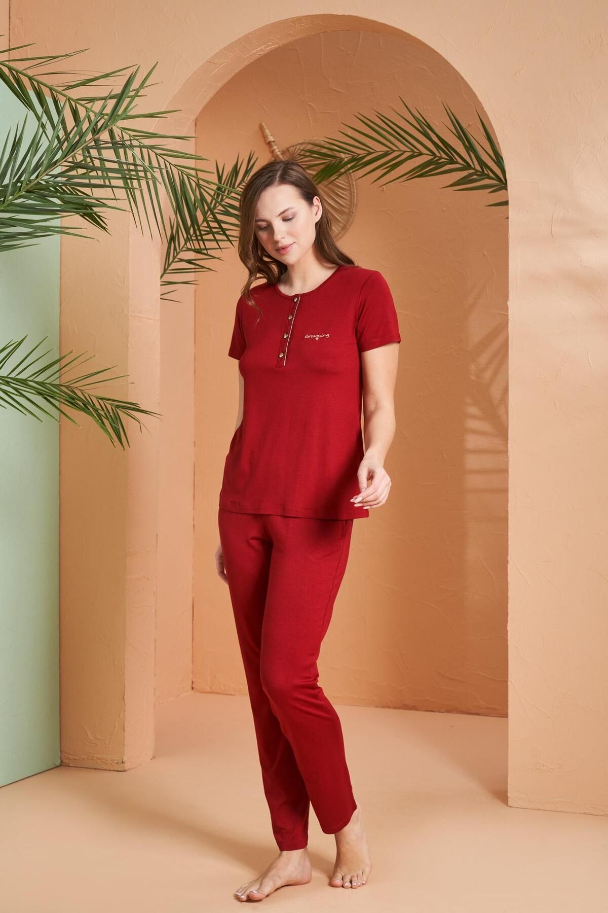 PJS Dreaming Kadın Gold Detaylı Yaka Düğmeli Kısa Kol Pijama Takım