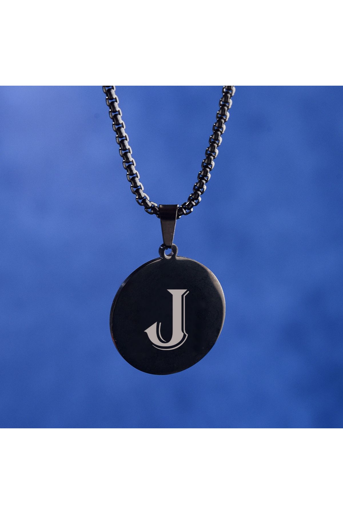 idolavm Black Dream J Harfli Siyah Küçük Daire Erkek Kolye Çelik Takı
