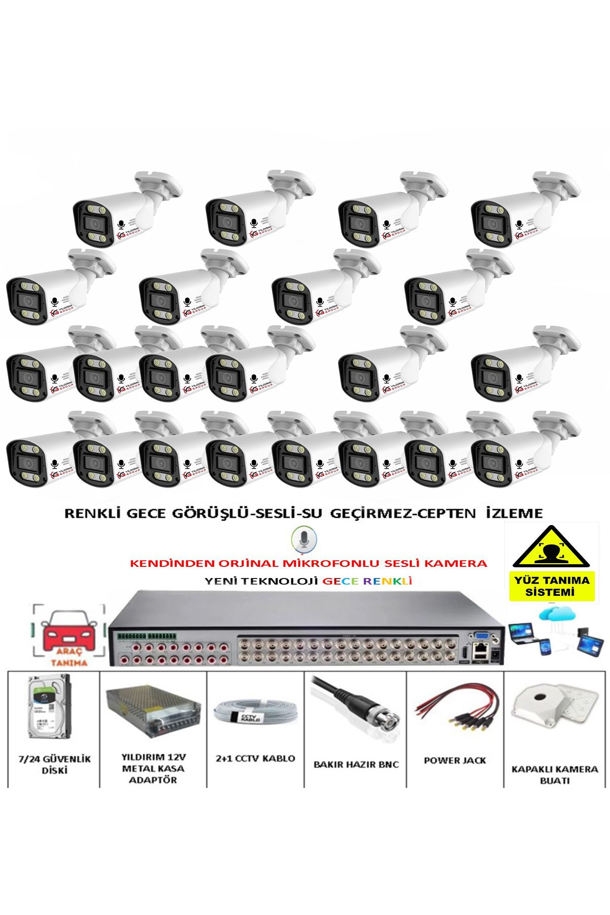 YILDIRIMGROUP 22 Lİ SESLİ GÜVENLİK KAMERASI 5 MP GECE RENKLİ YÜZ VE ARAÇ TANIMALI FULL HD KAMERA SİSTEMİ