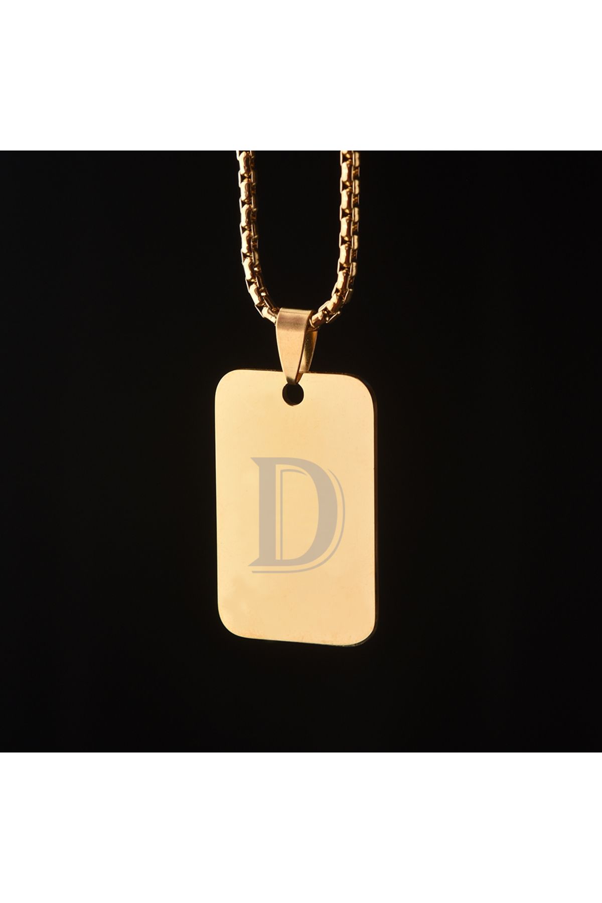 idolavm Strong D Harfli Sarı Künye Erkek Kolye Çelik Takı Aksesuar