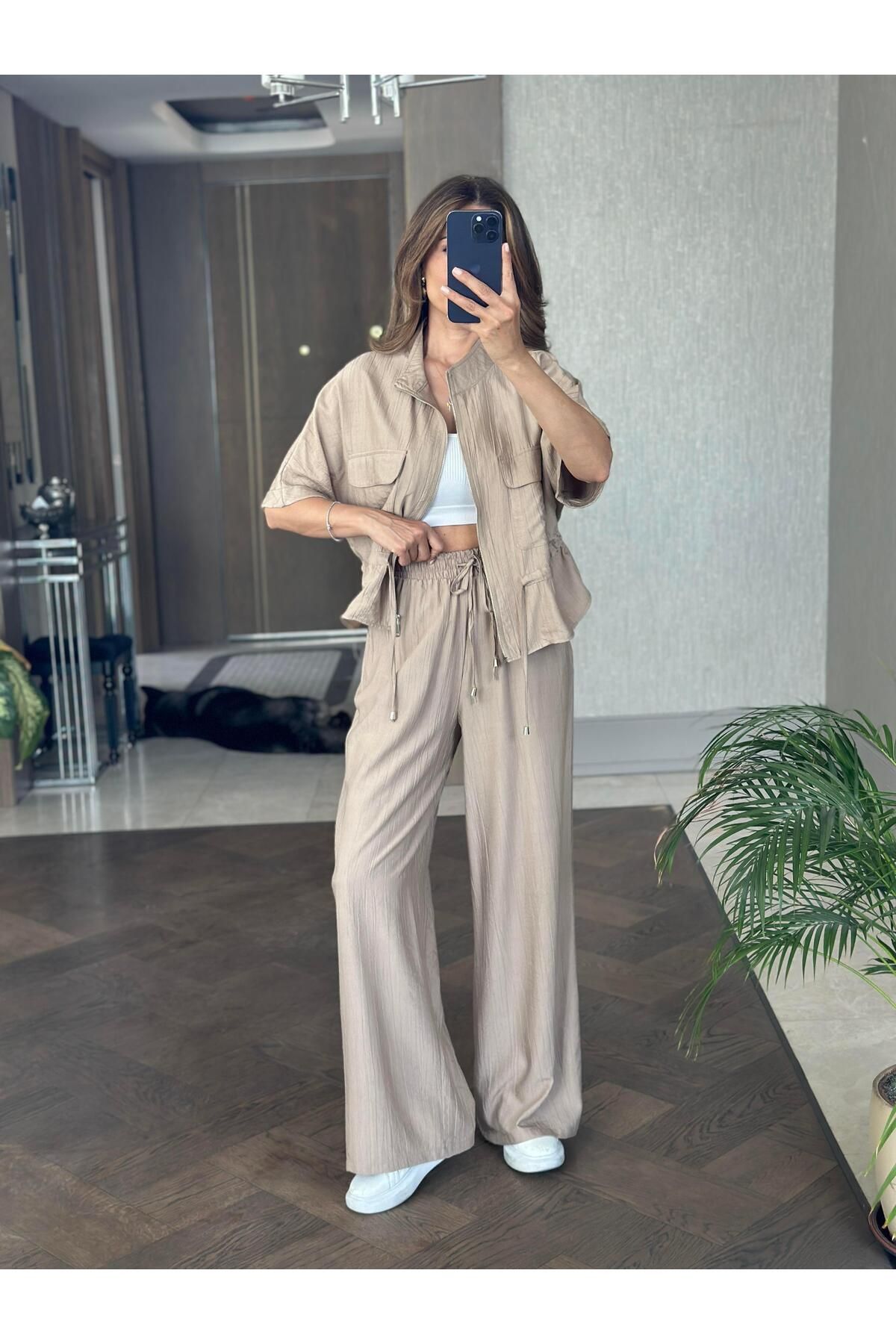 Forlady4 Vizon Dokulu Beli Bağcıklı Ceket Pantolon Kadın Alt Üst Takım
