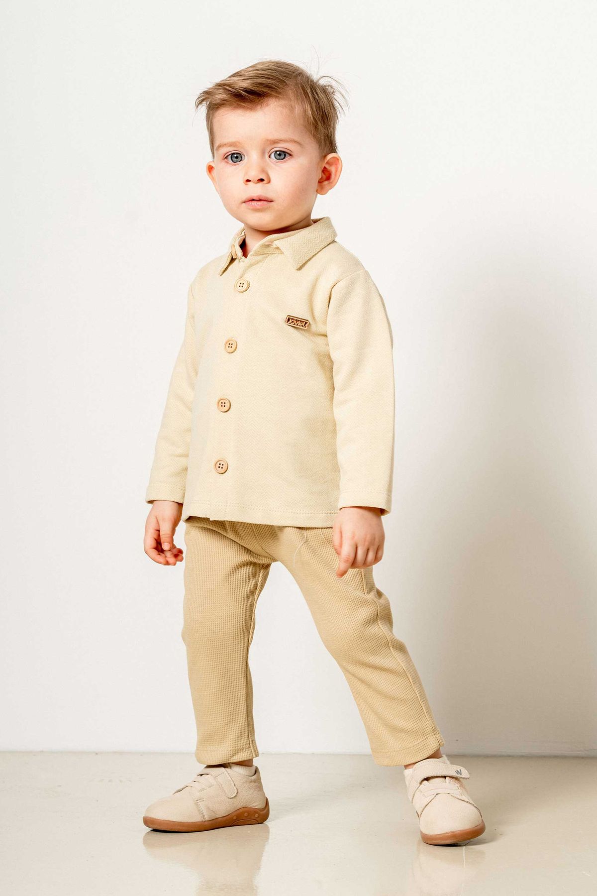 bombe Set De 2 Piese Din Bumbac Crem-kaki Pentru Copii Pentru Bebeluși Ilk Ben Trend Fashion Set De Sus Și De Jos Masculin - 9-12
