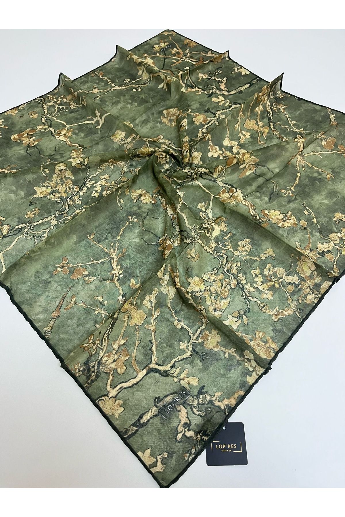 Butik Yeni Kaymayan Soft Çiçekli Ağaç Desenli Zer Organik Kare Eşarp