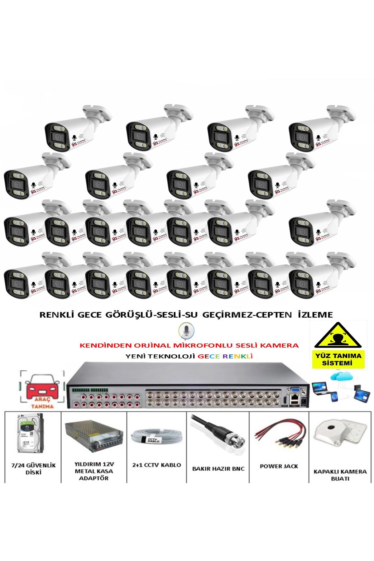 YILDIRIMGROUP 23 LÜ SESLİ GÜVENLİK KAMERASI 5 MP GECE RENKLİ YÜZ VE ARAÇ TANIMALI FULL HD KAMERA SİSTEMİ