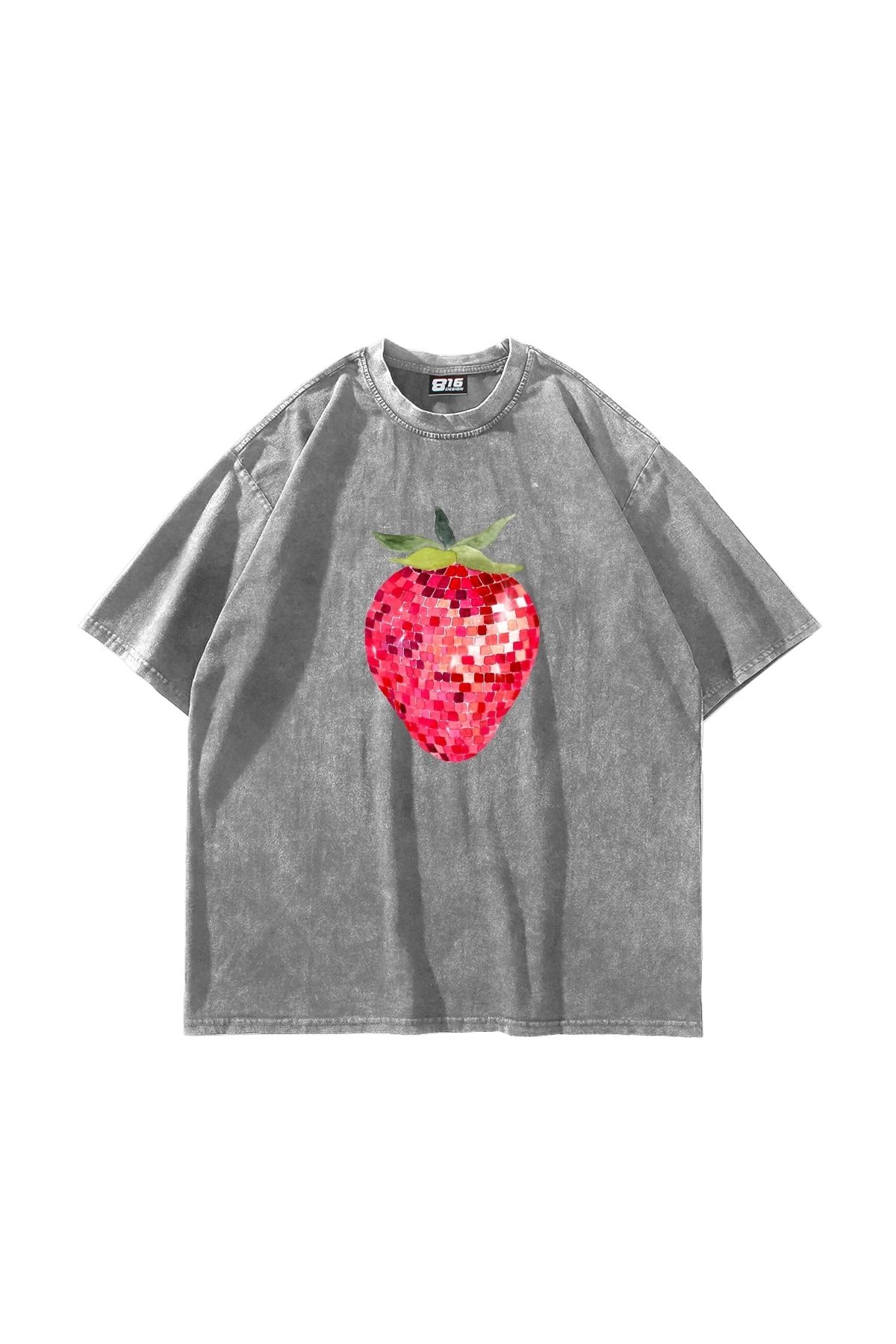 Sekizbiraltı Strawberry Disco Baskılı Oversize Unisex Yıkamalı Beyaz Tshirt