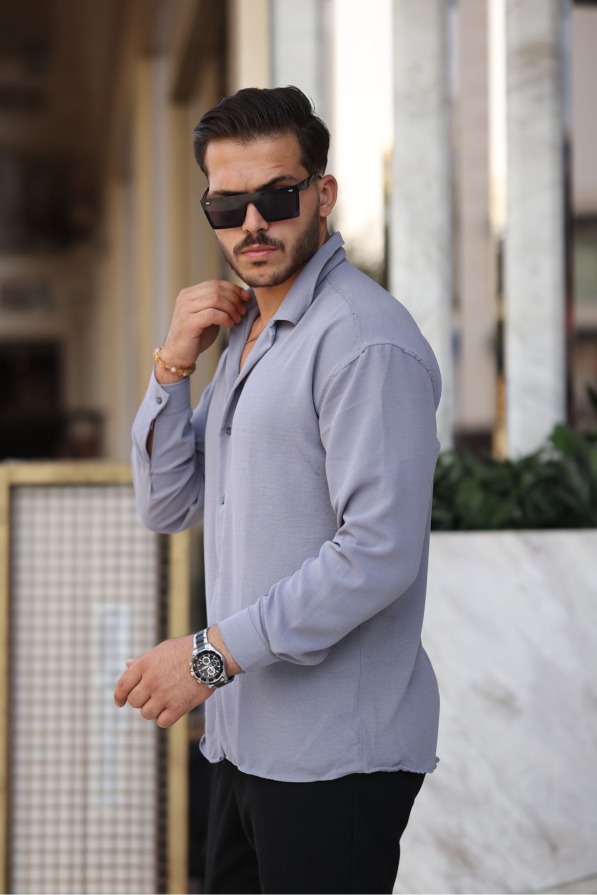 EKZMODA Erkek Gri Bol Kesim Dokulu Oversize Salaş Ayrobin Gömlek