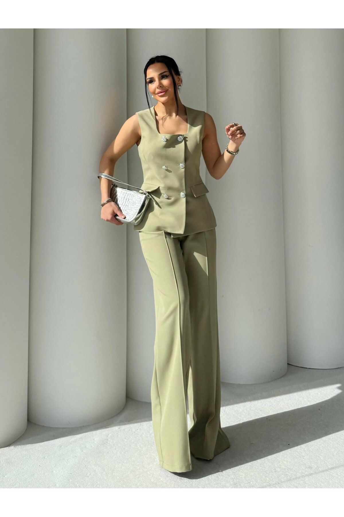 ZF BUTİK-Set de vestă și pantaloni cu guler pătrat 4