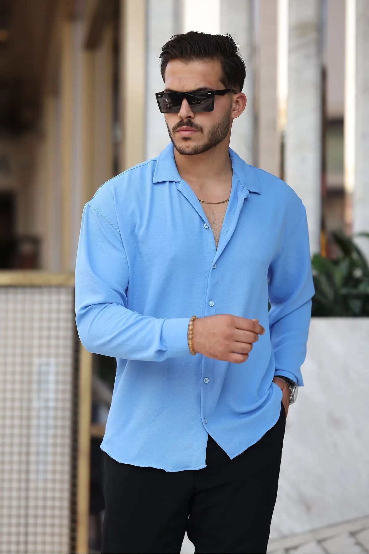 EKZMODA Erkek Bebe Mavisi Bol Kesim Dokulu Oversize Salaş Ayrobin Gömlek